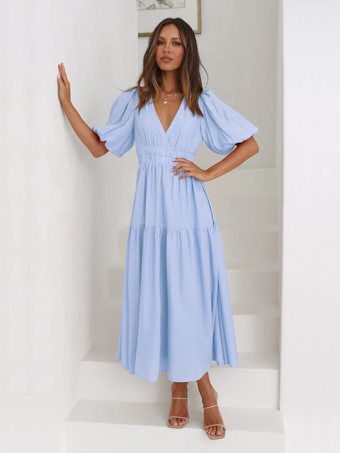 Summer New Deep V-neck Puff Sleeve Holiday Dress Elegant A- Line Midi Dress Polyester Fabric Short Sleeve Women's Fashion display picture 6