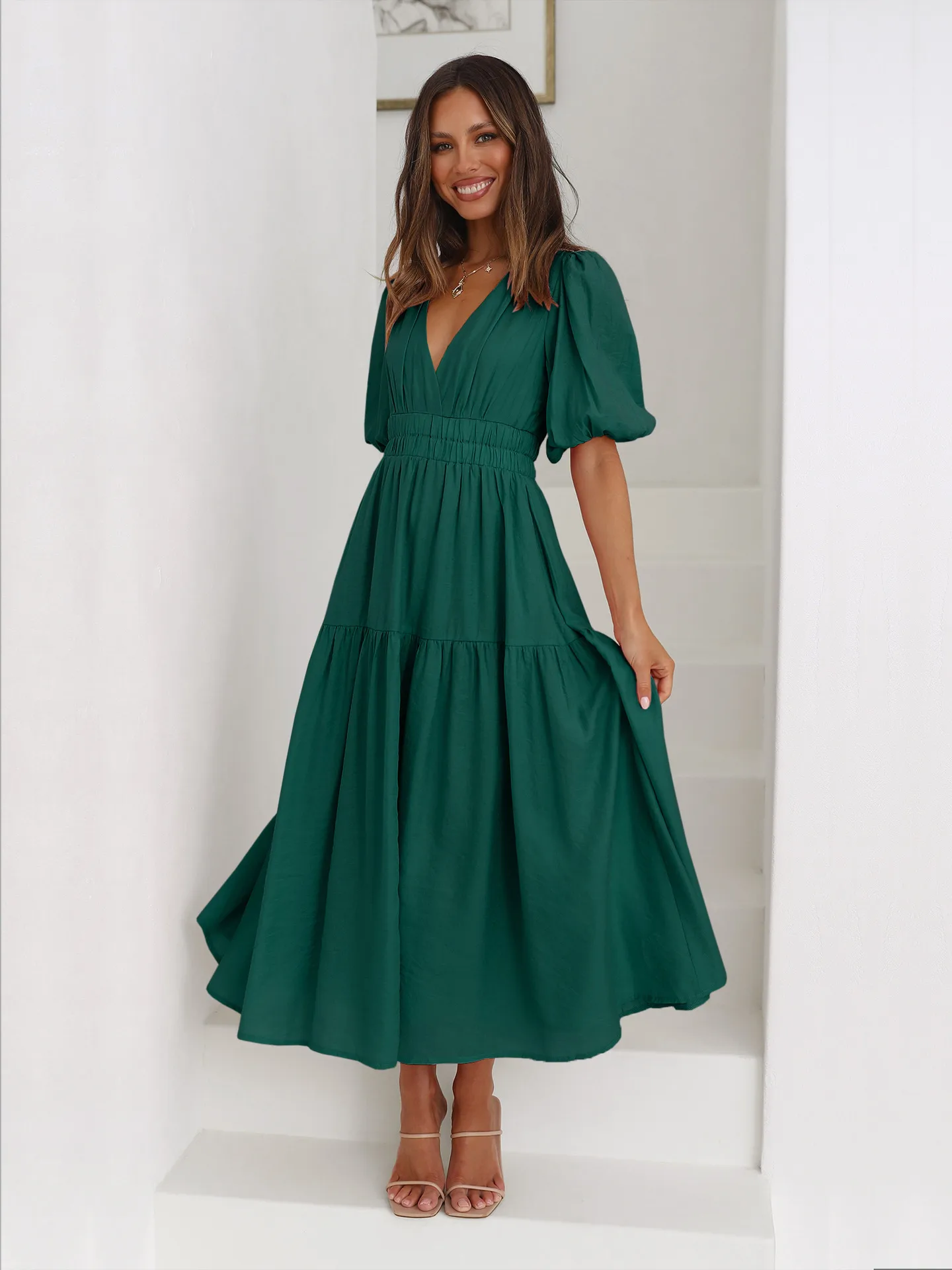Summer New Deep V-neck Puff Sleeve Holiday Dress Elegant A- Line Midi Dress Polyester Fabric Short Sleeve Women's Fashion display picture 7