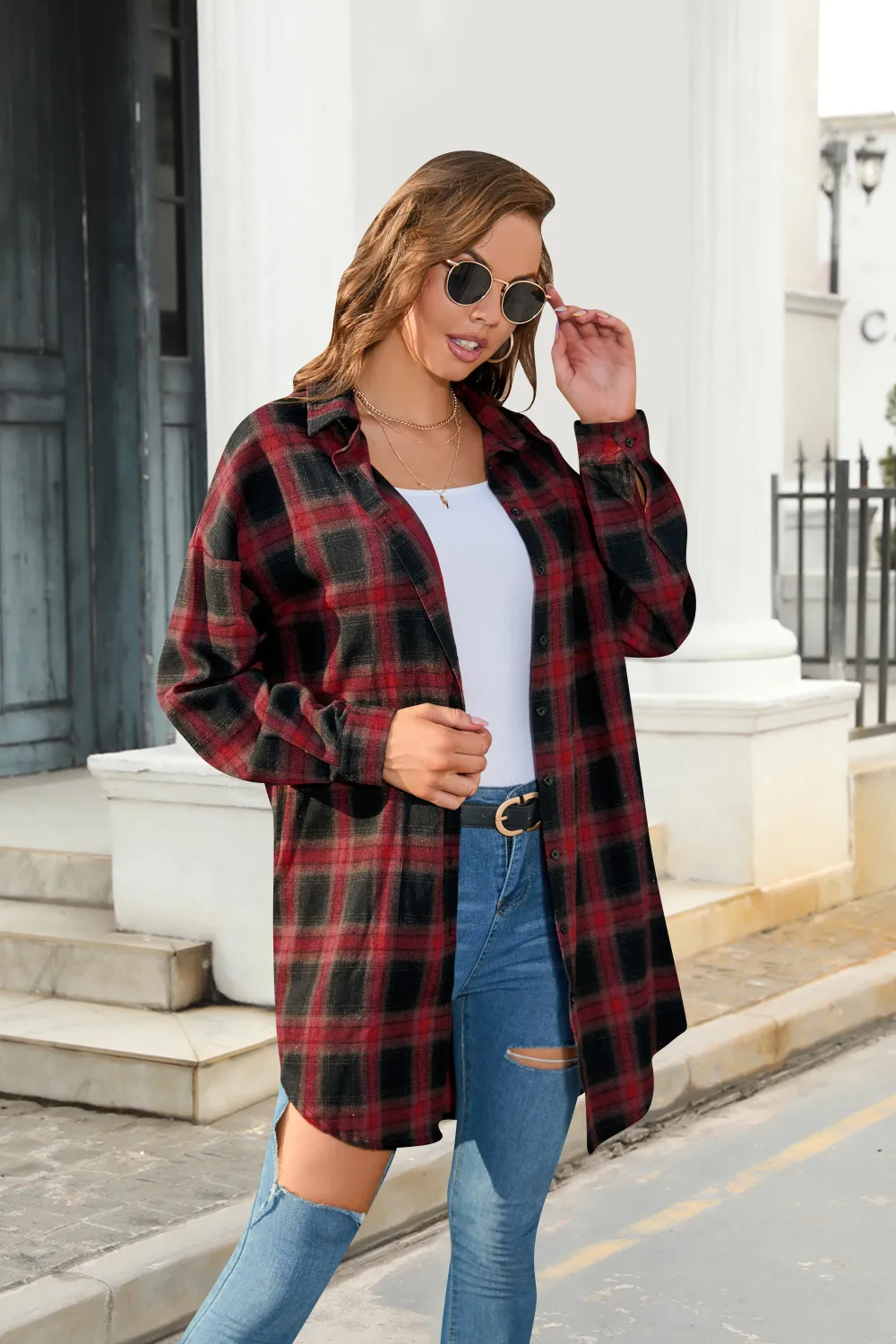 Plus Size Women's Plaid Shirt Long Sleeve American Retro Coat Fall Mid-Length Geometric Pattern Polyester Loose Design display picture 5