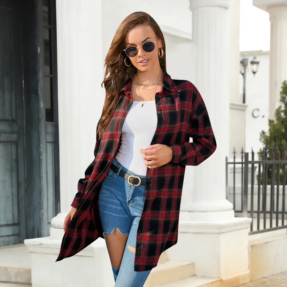 Plus Size Women's Plaid Shirt Long Sleeve American Retro Coat Fall Mid-Length Geometric Pattern Polyester Loose Design display picture 7