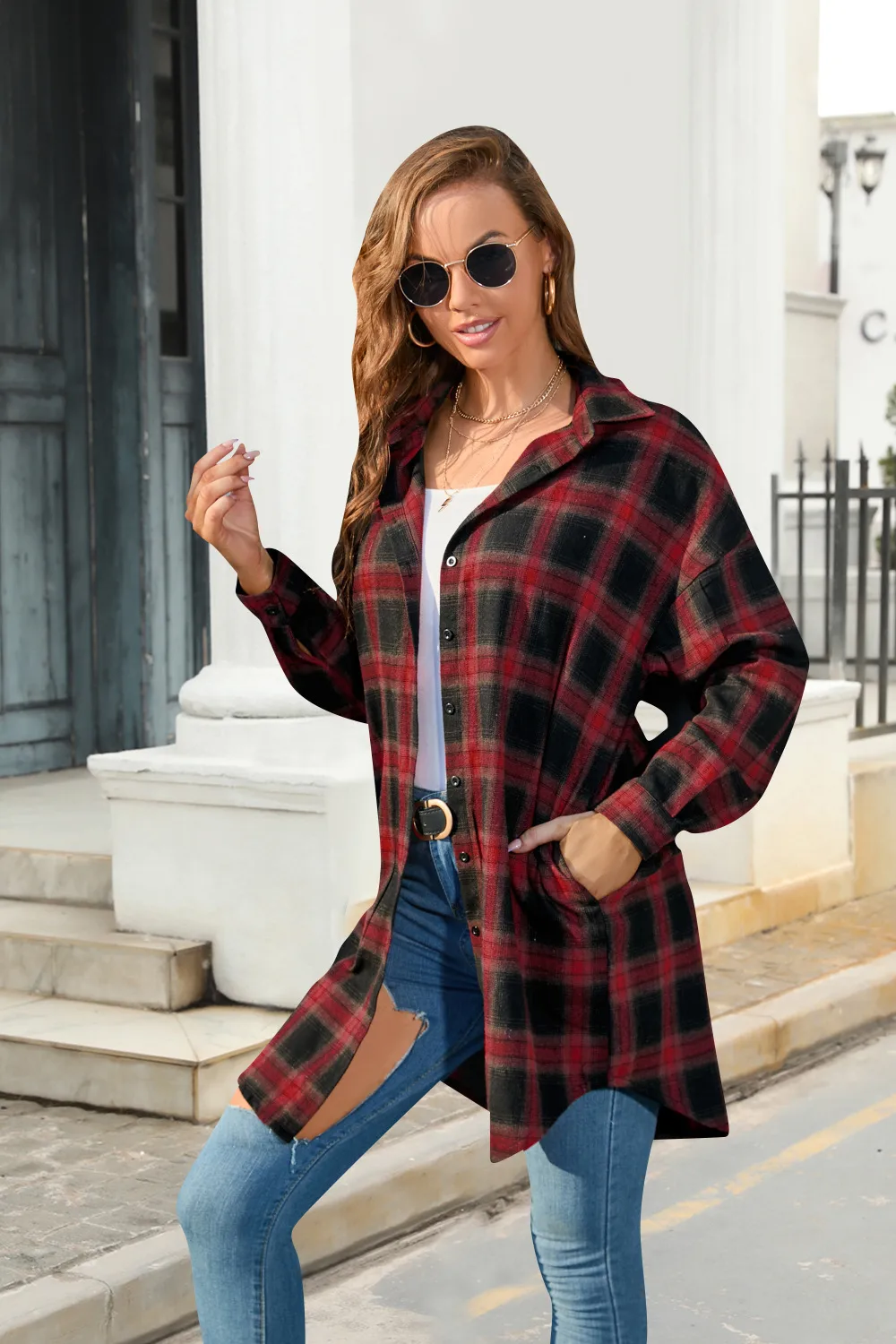 Plus Size Women's Plaid Shirt Long Sleeve American Retro Coat Fall Mid-Length Geometric Pattern Polyester Loose Design display picture 8