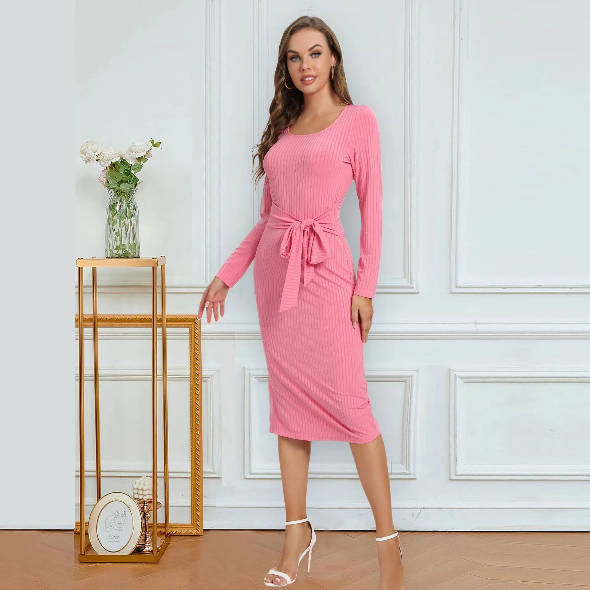 Solid Color Long Sleeve Dress Women Mid-Length Dress Dress Split High Waist Slim Fit Style Macaron Color Design Polyester And Spandex Material display picture 4