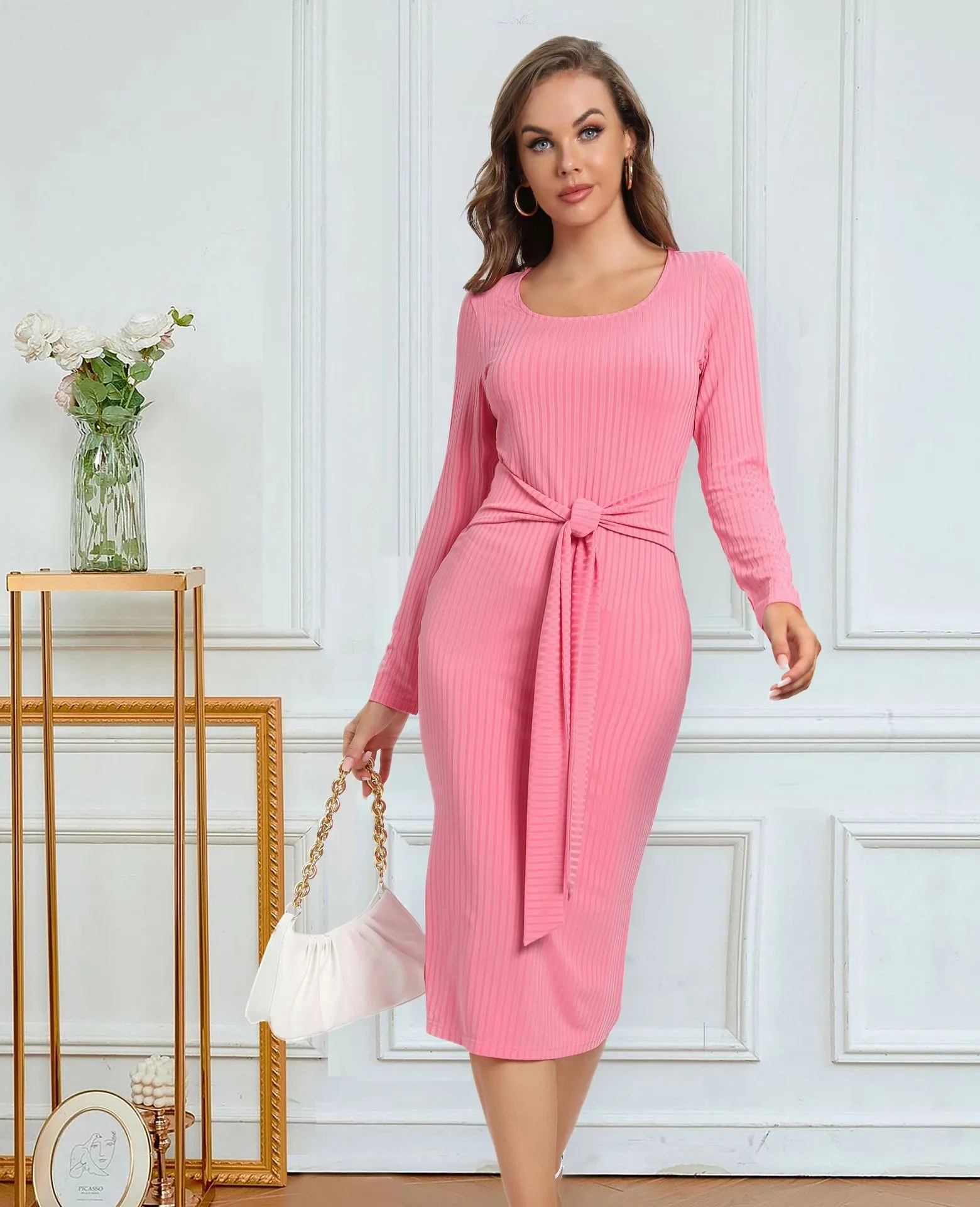 Solid Color Long Sleeve Dress Women Mid-Length Dress Dress Split High Waist Slim Fit Style Macaron Color Design Polyester And Spandex Material display picture 6