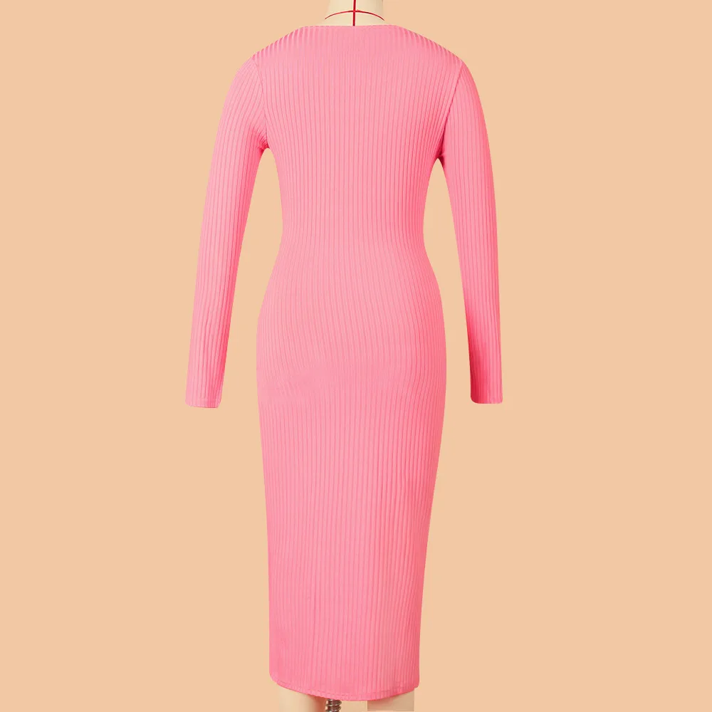 Solid Color Long Sleeve Dress Women Mid-Length Dress Dress Split High Waist Slim Fit Style Macaron Color Design Polyester And Spandex Material display picture 7
