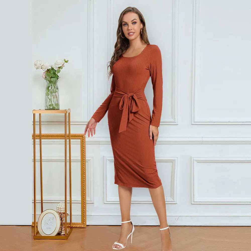 Solid Color Long Sleeve Dress Women Mid-Length Dress Dress Split High Waist Slim Fit Style Macaron Color Design Polyester And Spandex Material display picture 9