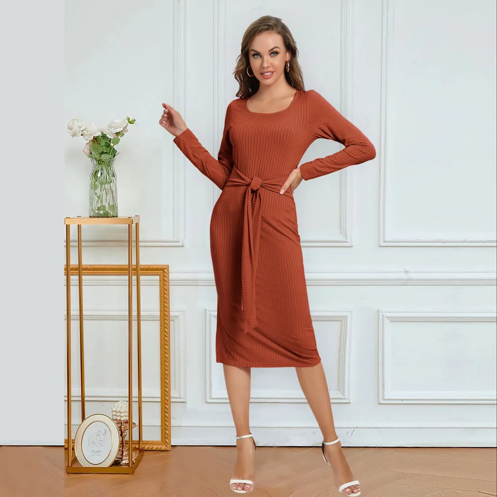 Solid Color Long Sleeve Dress Women Mid-Length Dress Dress Split High Waist Slim Fit Style Macaron Color Design Polyester And Spandex Material display picture 10