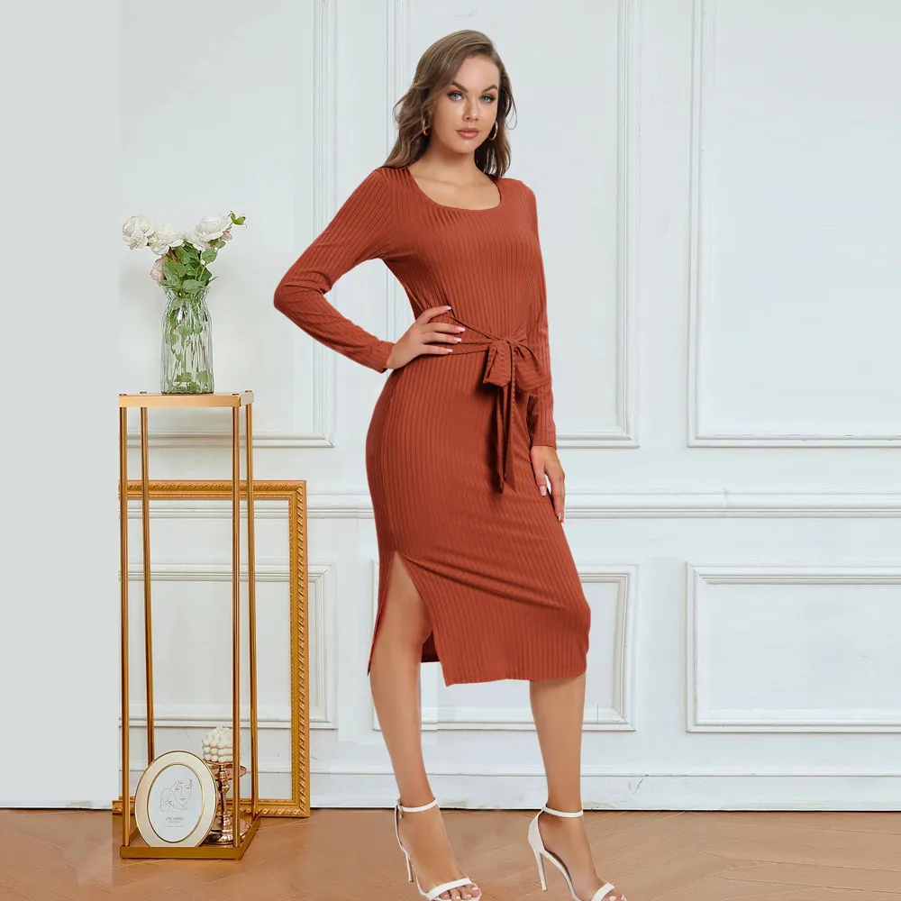 Solid Color Long Sleeve Dress Women Mid-Length Dress Dress Split High Waist Slim Fit Style Macaron Color Design Polyester And Spandex Material display picture 11