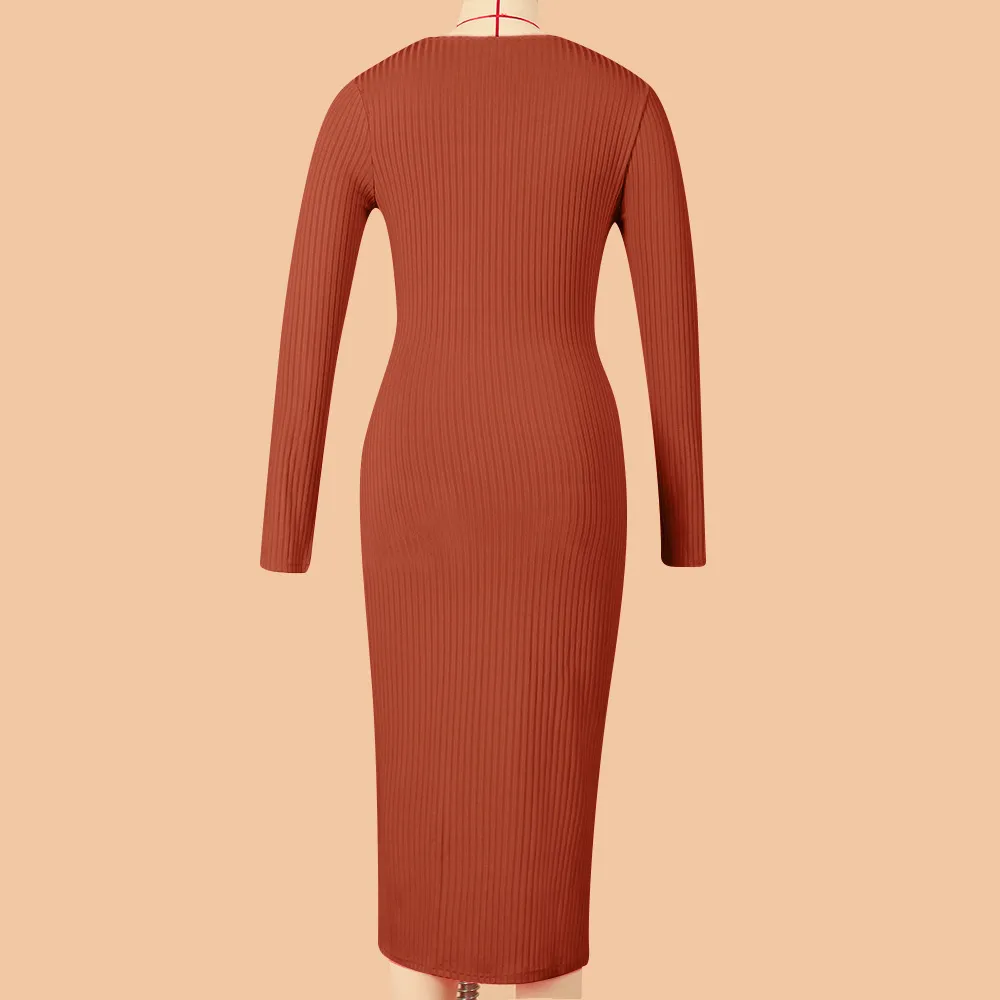 Solid Color Long Sleeve Dress Women Mid-Length Dress Dress Split High Waist Slim Fit Style Macaron Color Design Polyester And Spandex Material display picture 13