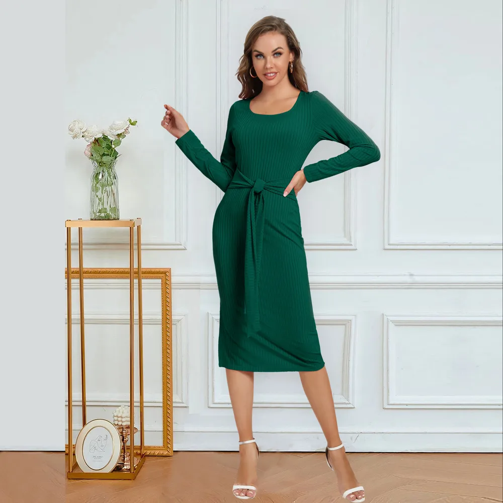 Solid Color Long Sleeve Dress Women Mid-Length Dress Dress Split High Waist Slim Fit Style Macaron Color Design Polyester And Spandex Material display picture 14
