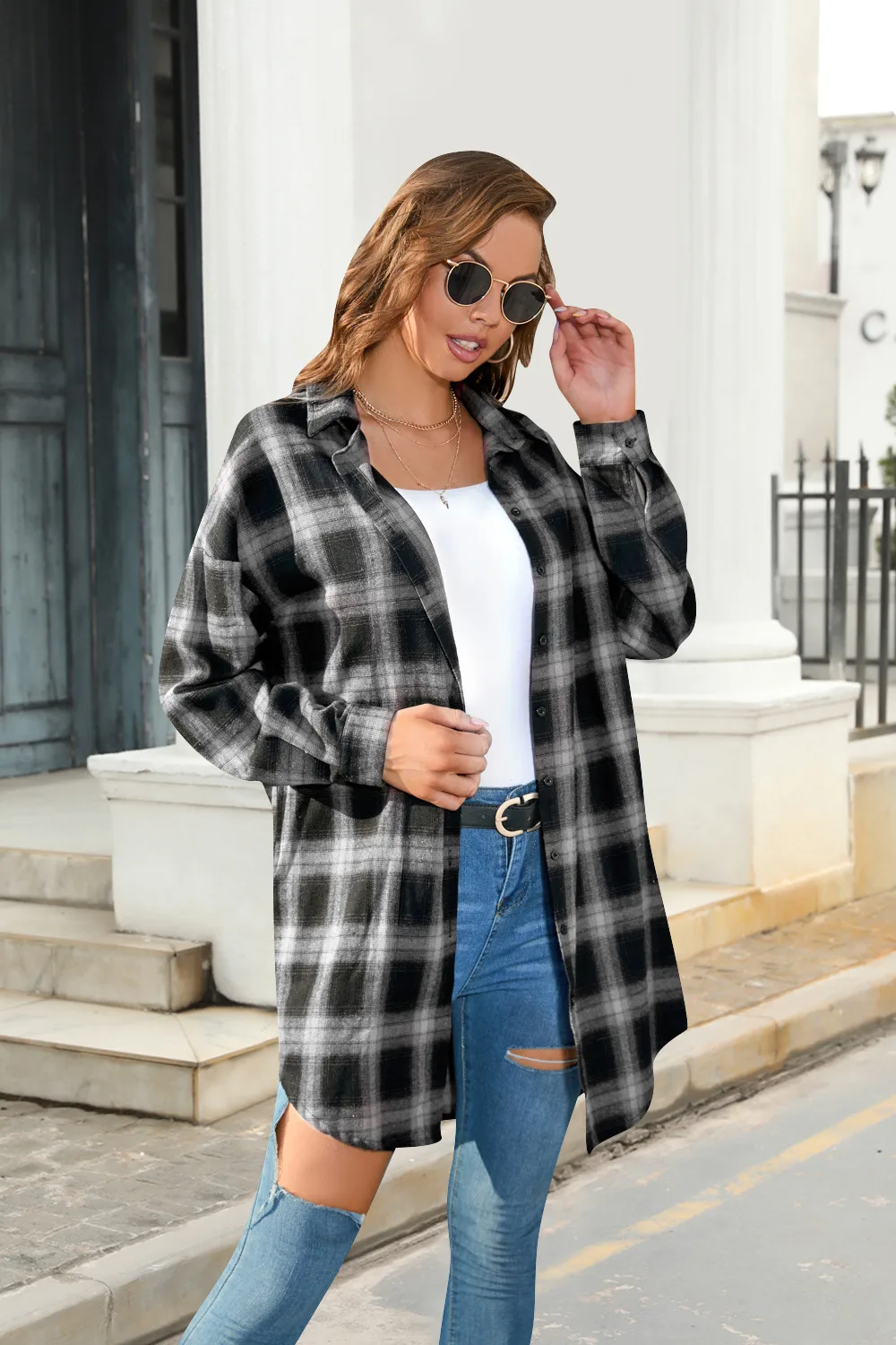 Plus Size Women's Plaid Shirt Long Sleeve American Retro Coat Fall Mid-Length Geometric Pattern Polyester Loose Design display picture 19