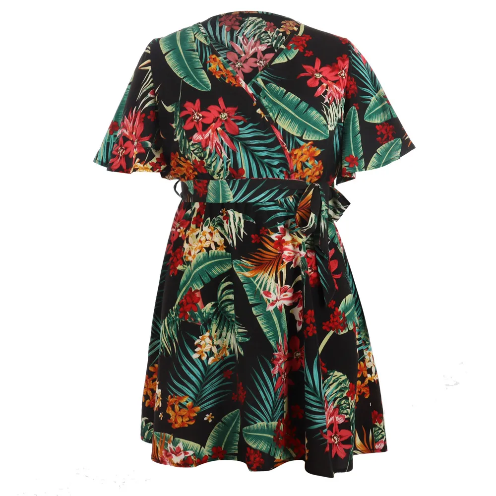 Floral Print Holiday Dress Bohemian Style Beach Travel V-neck Lace-up Waist Plus Size Women Dress Elegant Style Knee-Length A- Line Skirt display picture 11