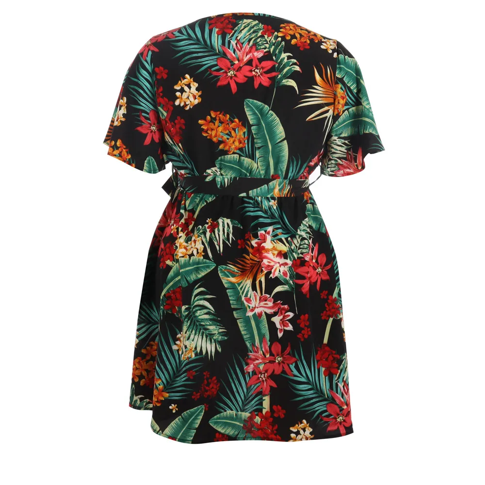 Floral Print Holiday Dress Bohemian Style Beach Travel V-neck Lace-up Waist Plus Size Women Dress Elegant Style Knee-Length A- Line Skirt display picture 12
