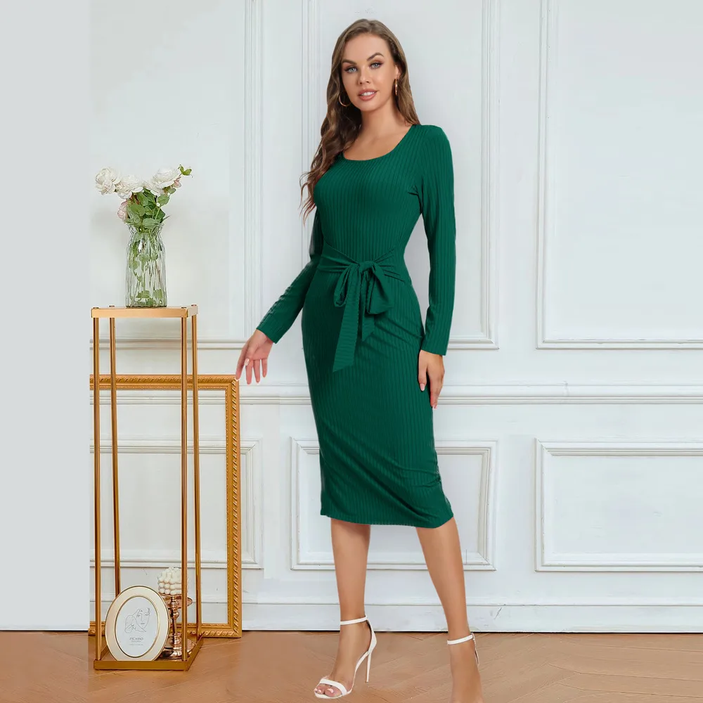 Solid Color Long Sleeve Dress Women Mid-Length Dress Dress Split High Waist Slim Fit Style Macaron Color Design Polyester And Spandex Material display picture 17