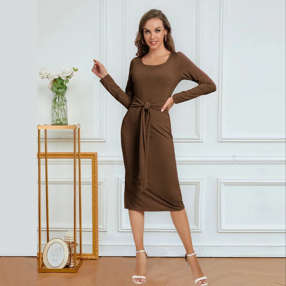Solid Color Long Sleeve Dress Women Mid-Length Dress Dress Split High Waist Slim Fit Style Macaron Color Design Polyester And Spandex Material display picture 20