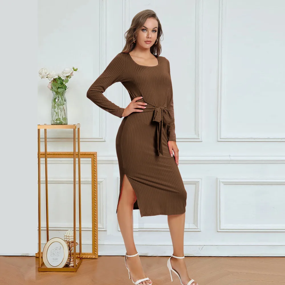 Solid Color Long Sleeve Dress Women Mid-Length Dress Dress Split High Waist Slim Fit Style Macaron Color Design Polyester And Spandex Material display picture 21