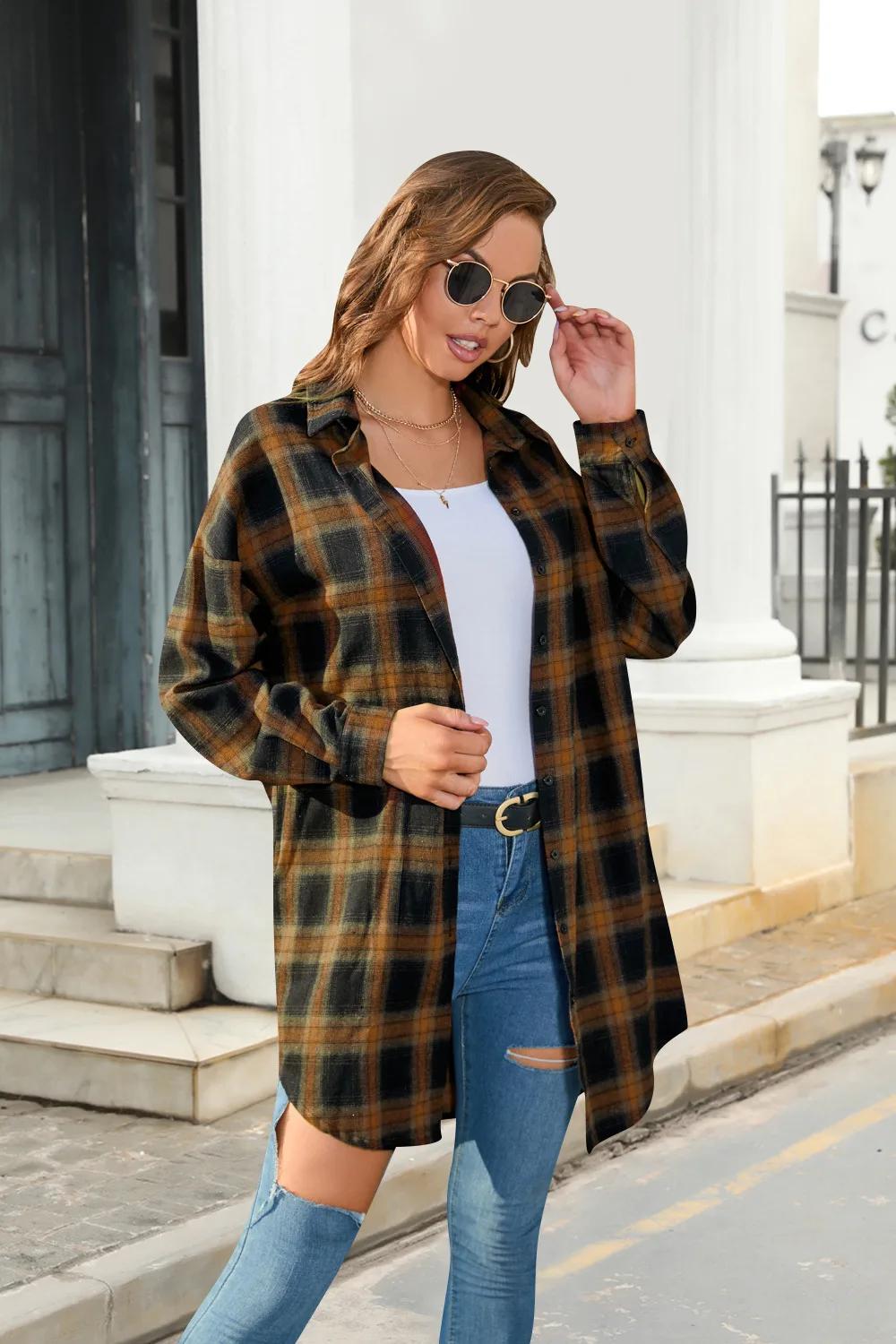 Plus Size Women's Plaid Shirt Long Sleeve American Retro Coat Fall Mid-Length Geometric Pattern Polyester Loose Design display picture 26