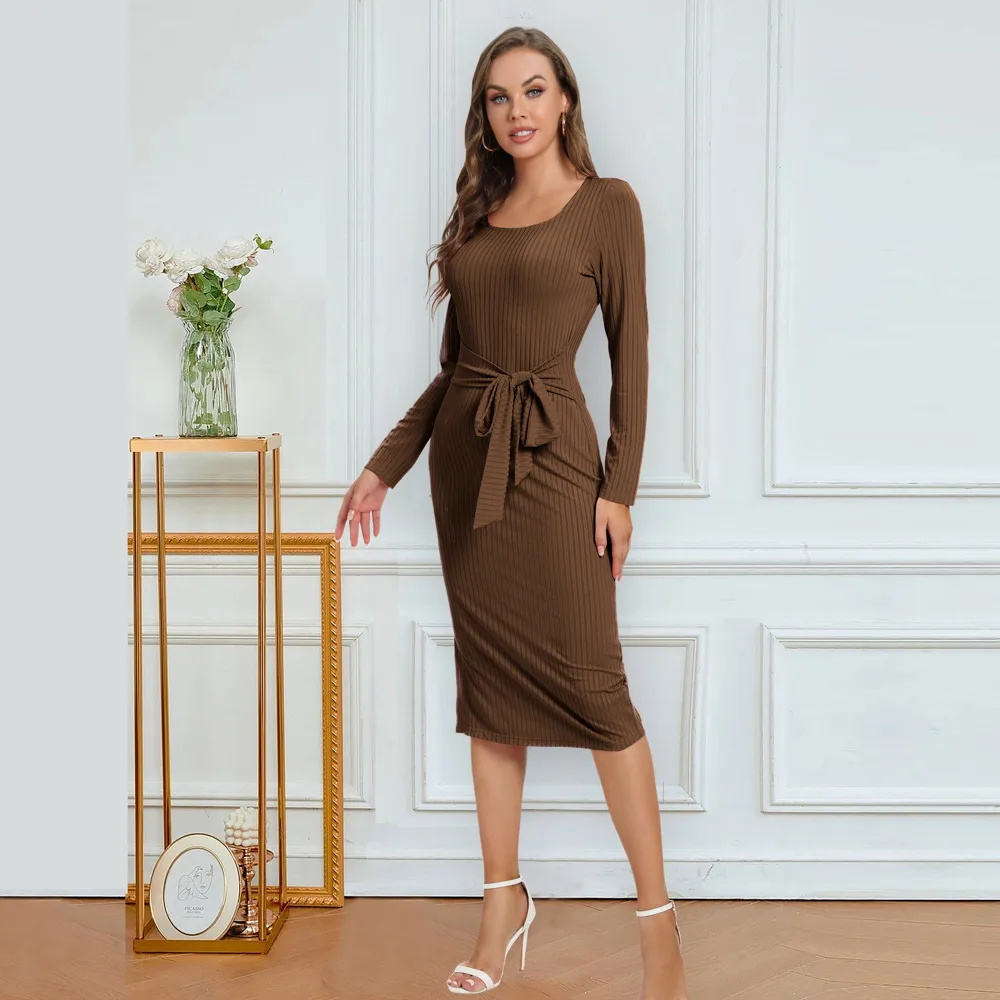 Solid Color Long Sleeve Dress Women Mid-Length Dress Dress Split High Waist Slim Fit Style Macaron Color Design Polyester And Spandex Material display picture 23