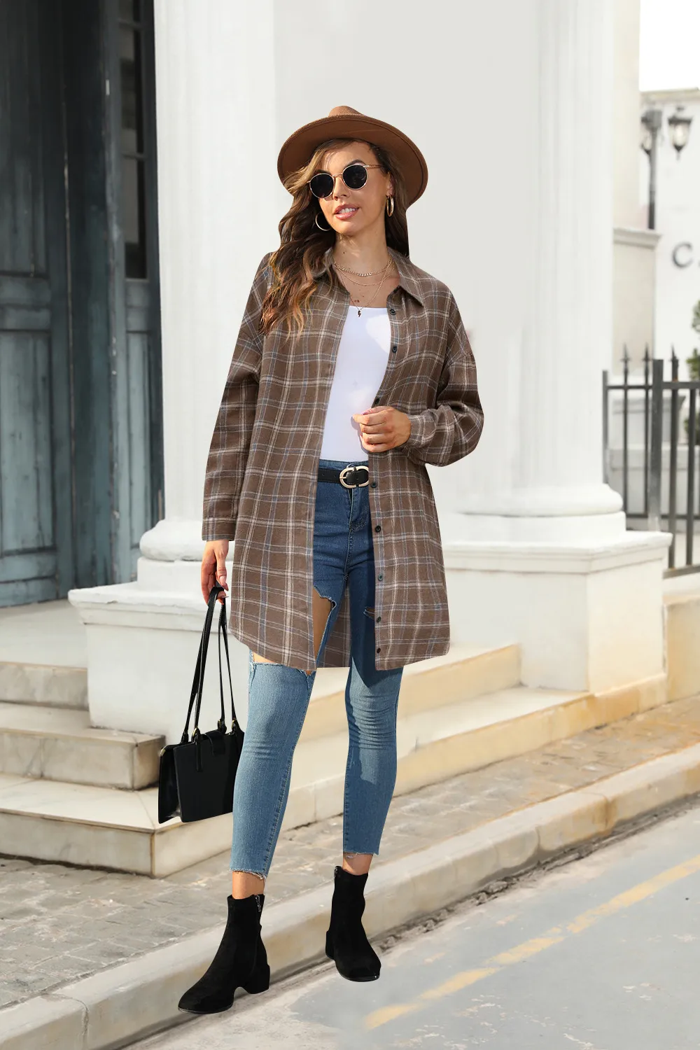 Plus Size Women's Plaid Shirt Long Sleeve American Retro Coat Fall Mid-Length Geometric Pattern Polyester Loose Design display picture 29