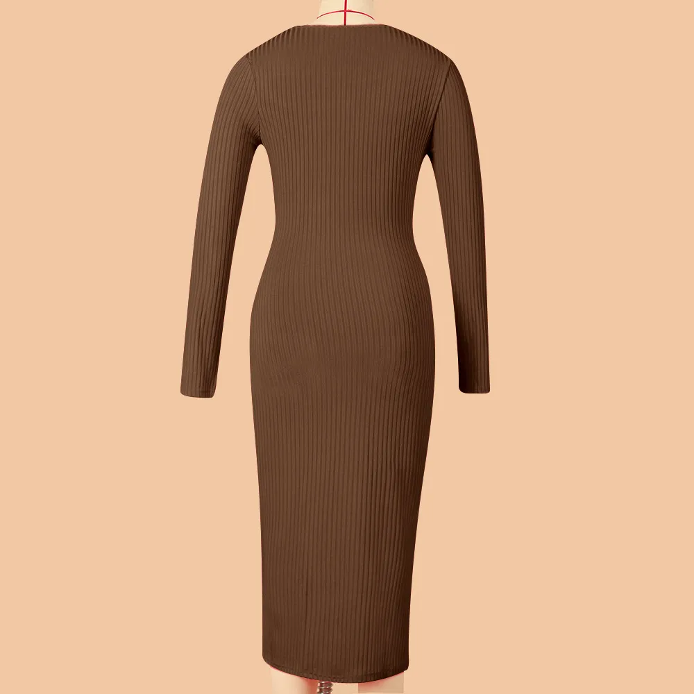 Solid Color Long Sleeve Dress Women Mid-Length Dress Dress Split High Waist Slim Fit Style Macaron Color Design Polyester And Spandex Material display picture 25