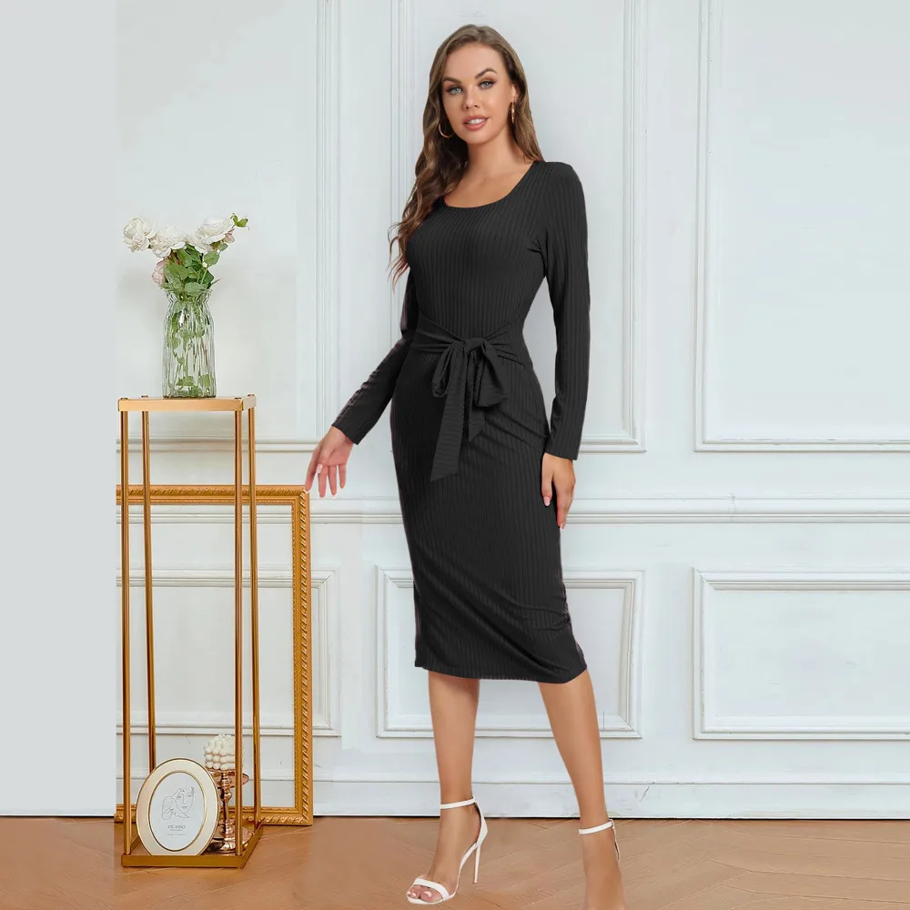 Solid Color Long Sleeve Dress Women Mid-Length Dress Dress Split High Waist Slim Fit Style Macaron Color Design Polyester And Spandex Material display picture 27