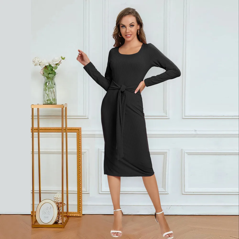 Solid Color Long Sleeve Dress Women Mid-Length Dress Dress Split High Waist Slim Fit Style Macaron Color Design Polyester And Spandex Material display picture 29