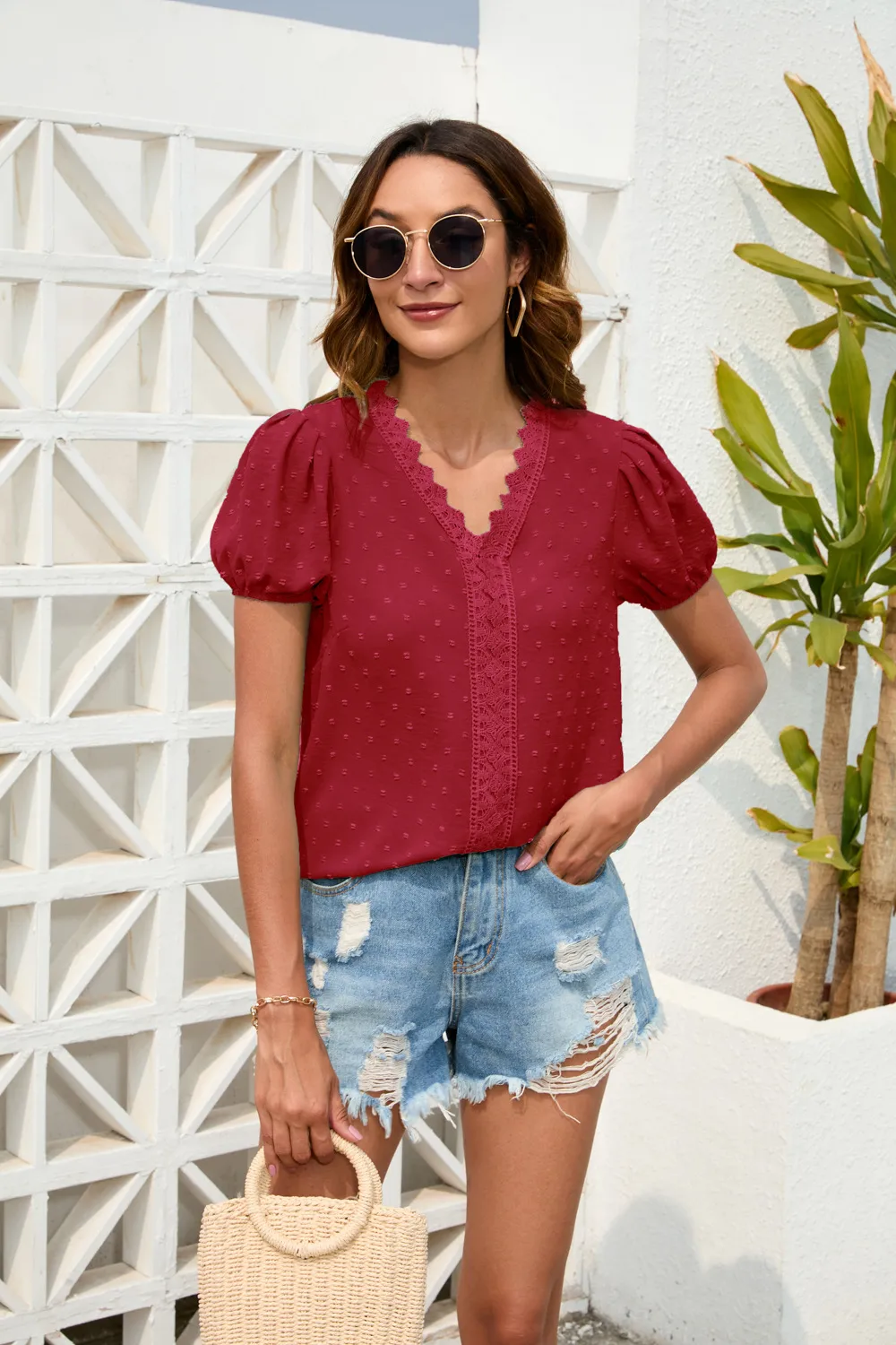 Spring And Summer Women's Loose Leisure Vacation T-shirt V-neck Short Sleeve European Style Top Street Style Senior Street Fashion display picture 23