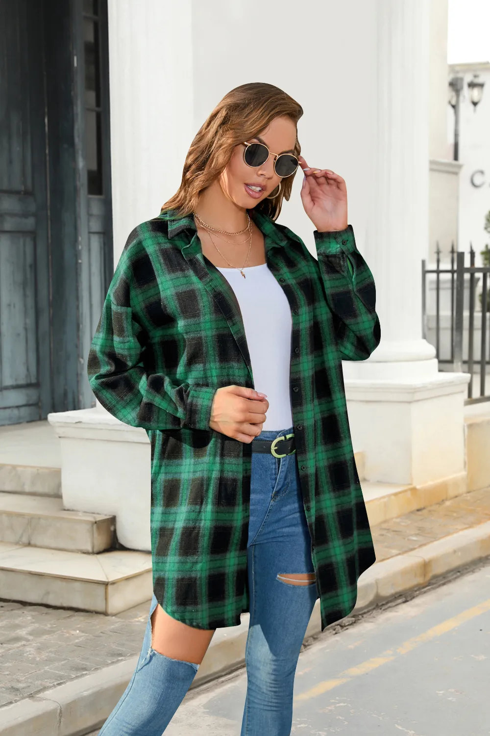 Plus Size Women's Plaid Shirt Long Sleeve American Retro Coat Fall Mid-Length Geometric Pattern Polyester Loose Design display picture 33