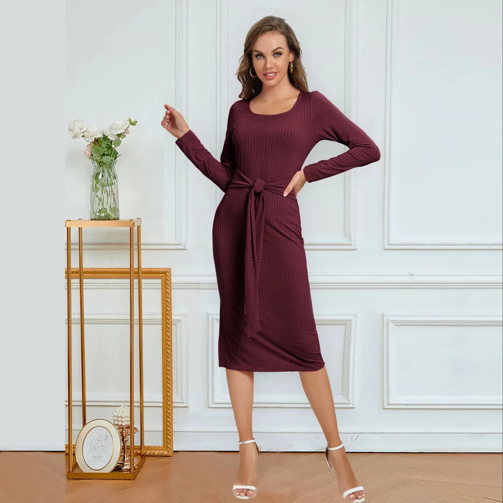 Solid Color Long Sleeve Dress Women Mid-Length Dress Dress Split High Waist Slim Fit Style Macaron Color Design Polyester And Spandex Material display picture 32