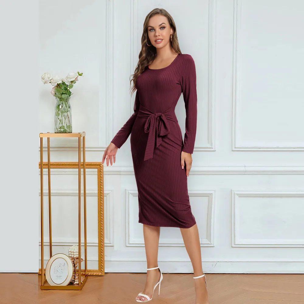 Solid Color Long Sleeve Dress Women Mid-Length Dress Dress Split High Waist Slim Fit Style Macaron Color Design Polyester And Spandex Material display picture 33