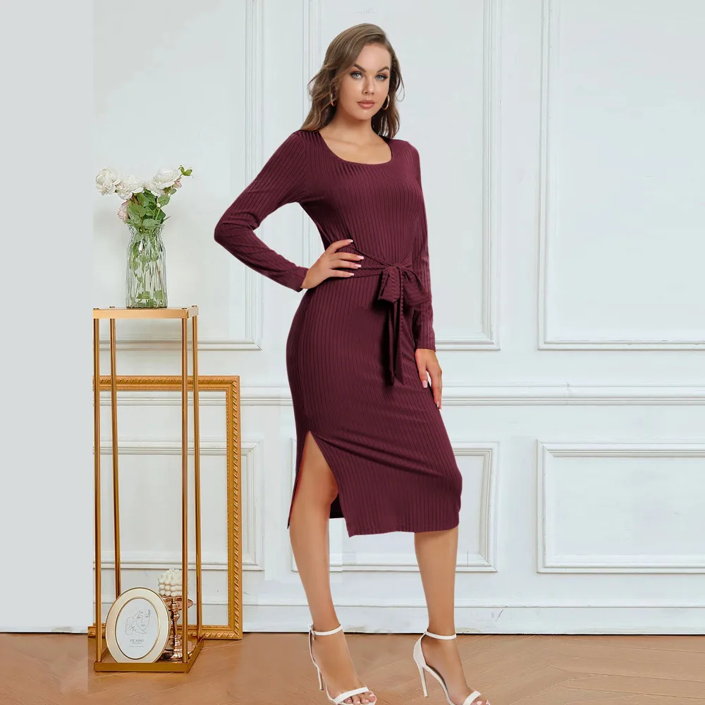 Solid Color Long Sleeve Dress Women Mid-Length Dress Dress Split High Waist Slim Fit Style Macaron Color Design Polyester And Spandex Material display picture 35