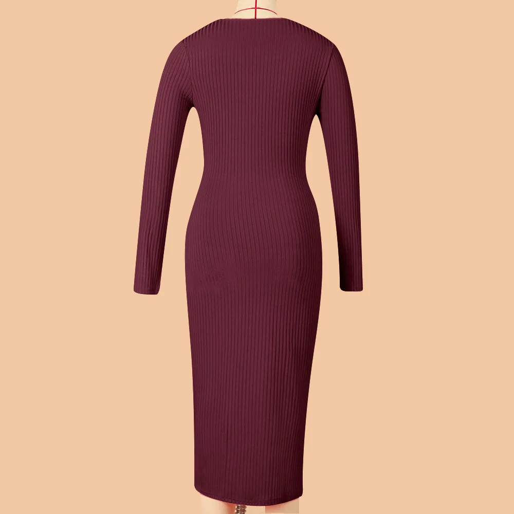 Solid Color Long Sleeve Dress Women Mid-Length Dress Dress Split High Waist Slim Fit Style Macaron Color Design Polyester And Spandex Material display picture 37
