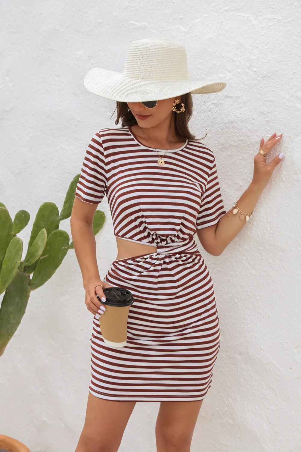 Casual Style Irregular Hollow-out Round Neck Mini Dress High Waist Slim Fit Dress Striped/Plaid Pattern 3D Decorative Spandex Polyester Fabric Short Sleeve display picture 2