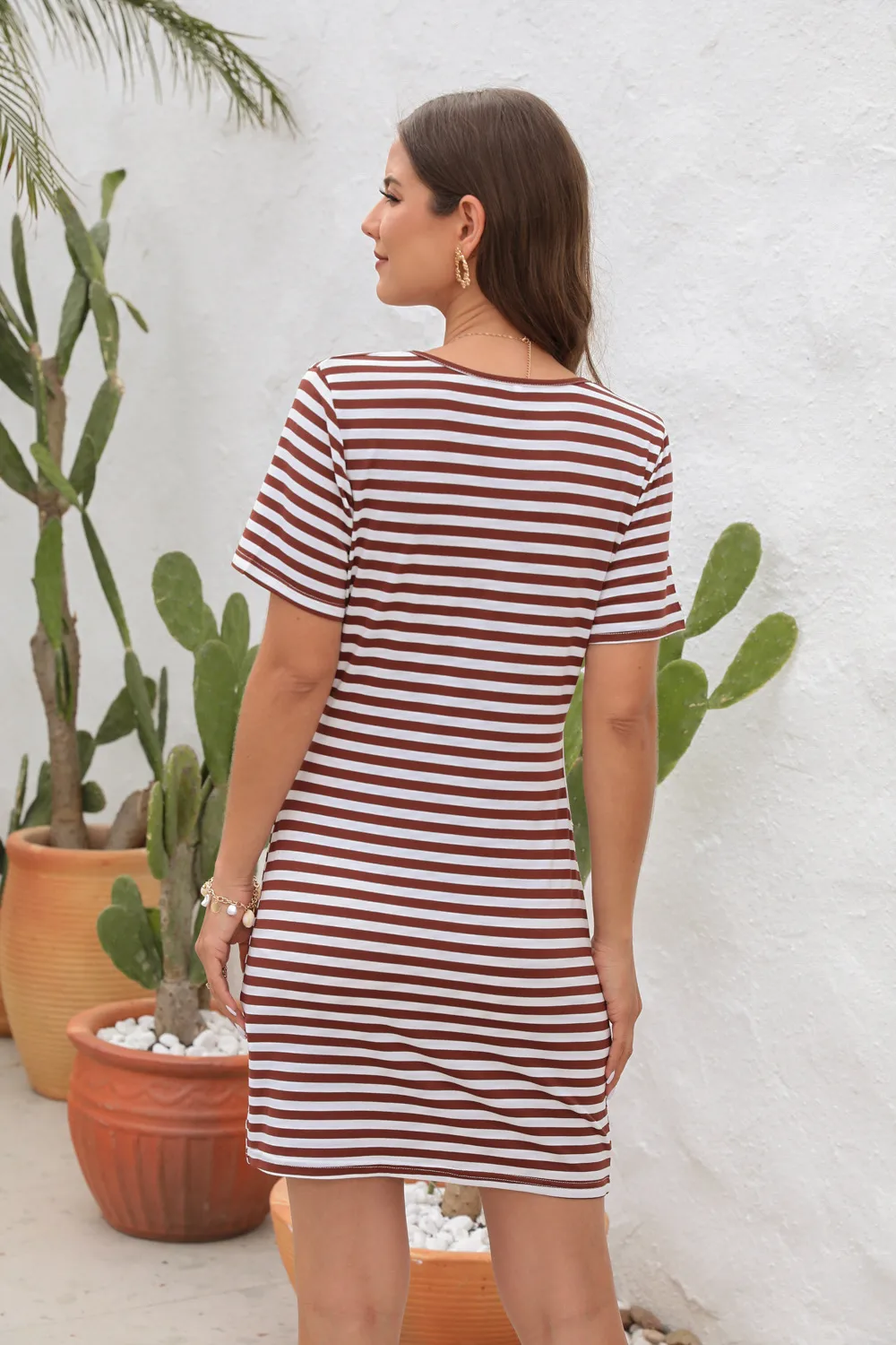Casual Style Irregular Hollow-out Round Neck Mini Dress High Waist Slim Fit Dress Striped/Plaid Pattern 3D Decorative Spandex Polyester Fabric Short Sleeve display picture 5