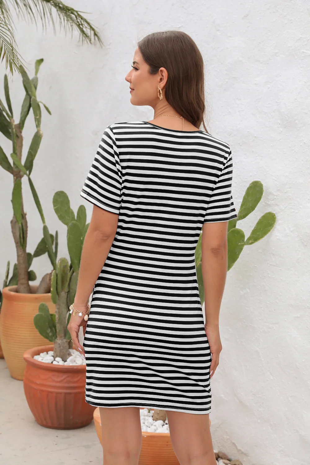 Casual Style Irregular Hollow-out Round Neck Mini Dress High Waist Slim Fit Dress Striped/Plaid Pattern 3D Decorative Spandex Polyester Fabric Short Sleeve display picture 11