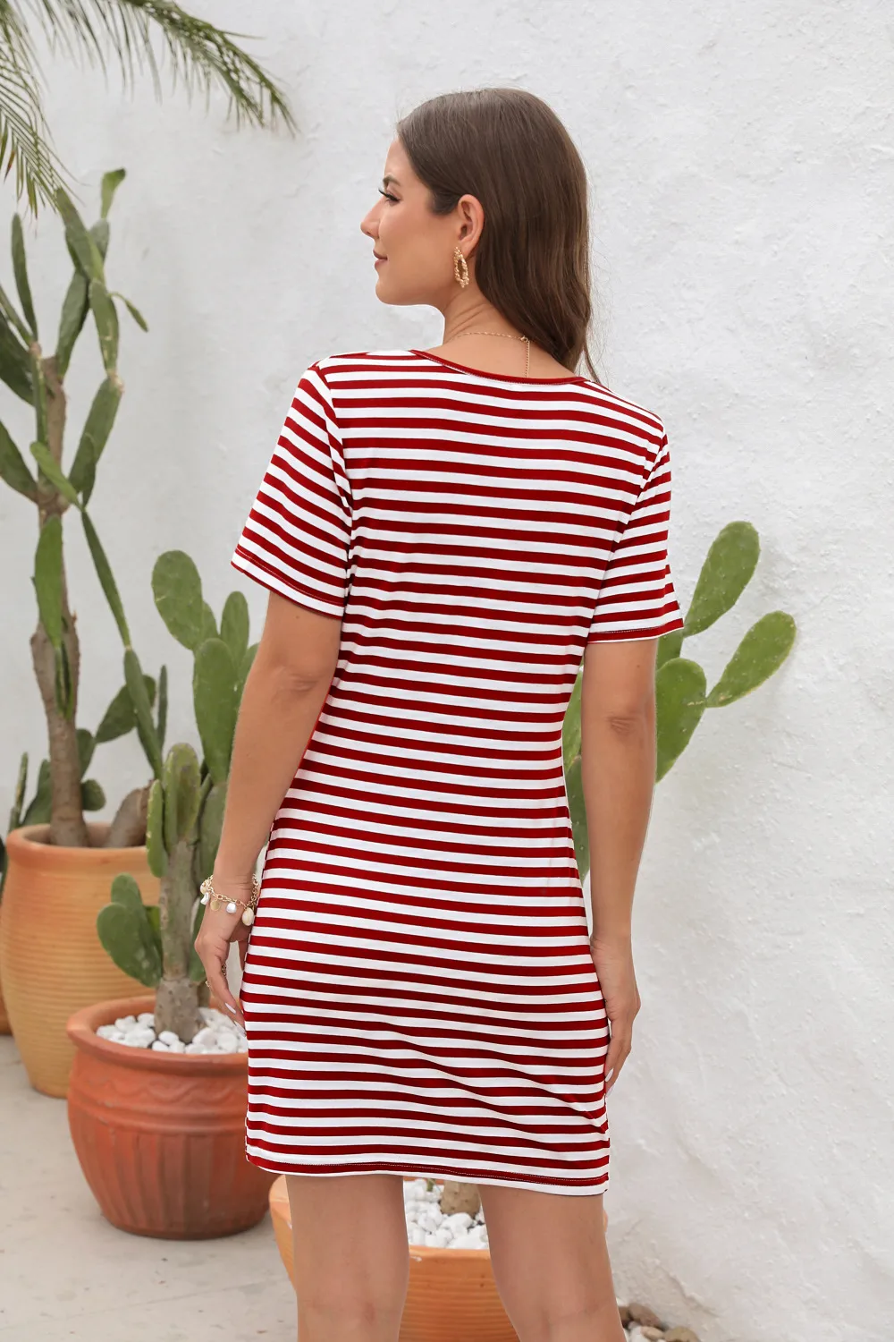 Casual Style Irregular Hollow-out Round Neck Mini Dress High Waist Slim Fit Dress Striped/Plaid Pattern 3D Decorative Spandex Polyester Fabric Short Sleeve display picture 14