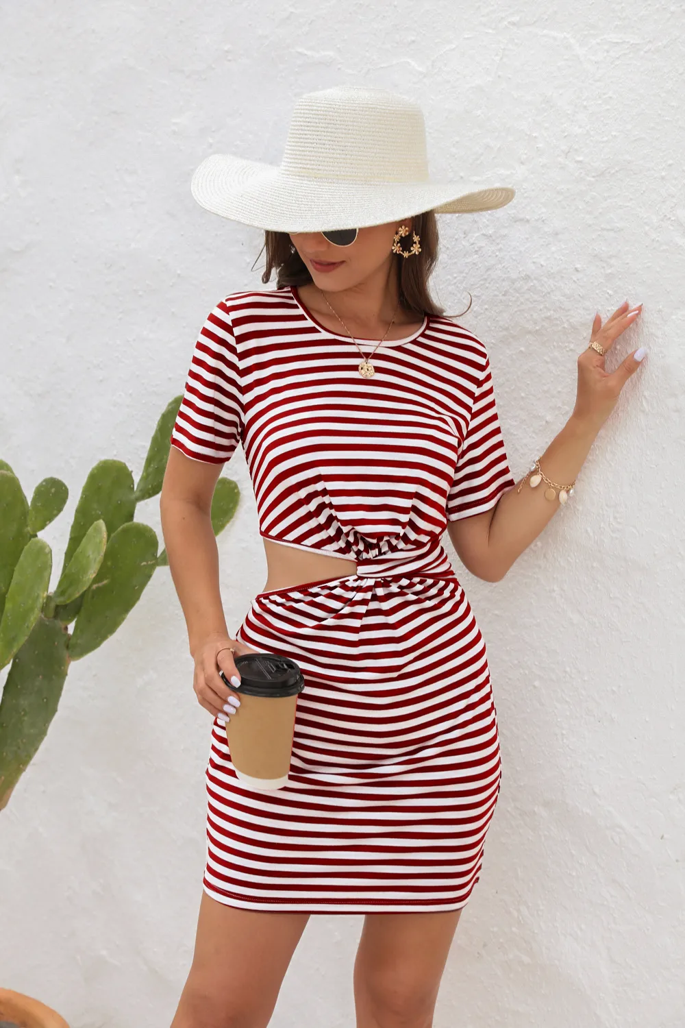 Casual Style Irregular Hollow-out Round Neck Mini Dress High Waist Slim Fit Dress Striped/Plaid Pattern 3D Decorative Spandex Polyester Fabric Short Sleeve display picture 16
