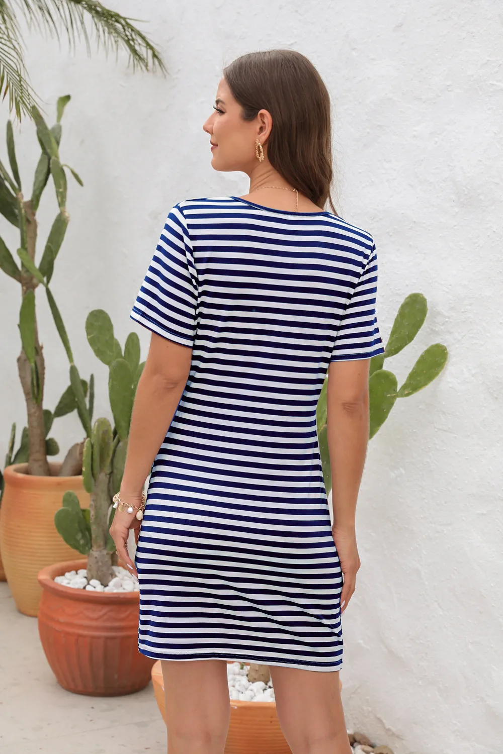 Casual Style Irregular Hollow-out Round Neck Mini Dress High Waist Slim Fit Dress Striped/Plaid Pattern 3D Decorative Spandex Polyester Fabric Short Sleeve display picture 19