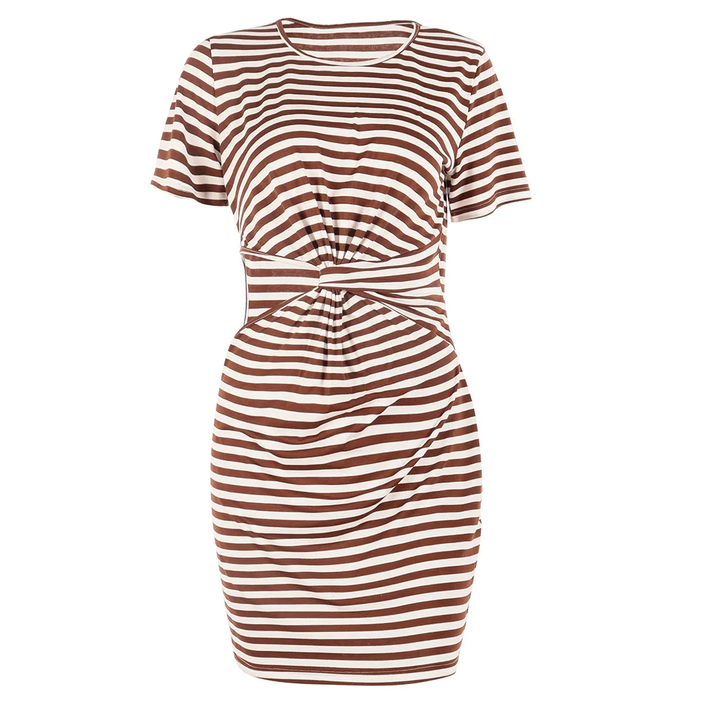 Casual Style Irregular Hollow-out Round Neck Mini Dress High Waist Slim Fit Dress Striped/Plaid Pattern 3D Decorative Spandex Polyester Fabric Short Sleeve display picture 23