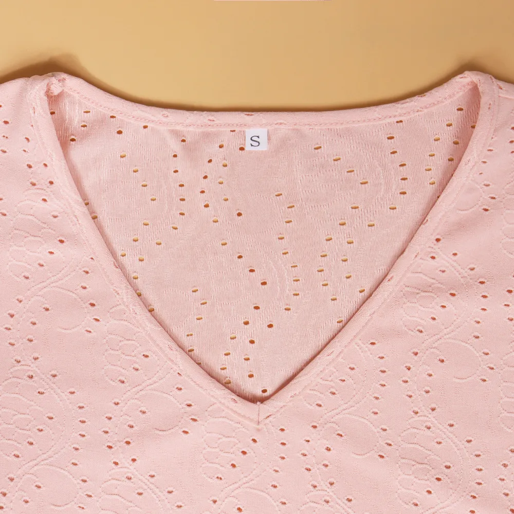 Casual Hollow Out V-neck Pleated Sleeve T-shirt Female Fashion European Style Sweet Comely Short-Sleeved T-shirt Polyester Fabric display picture 7