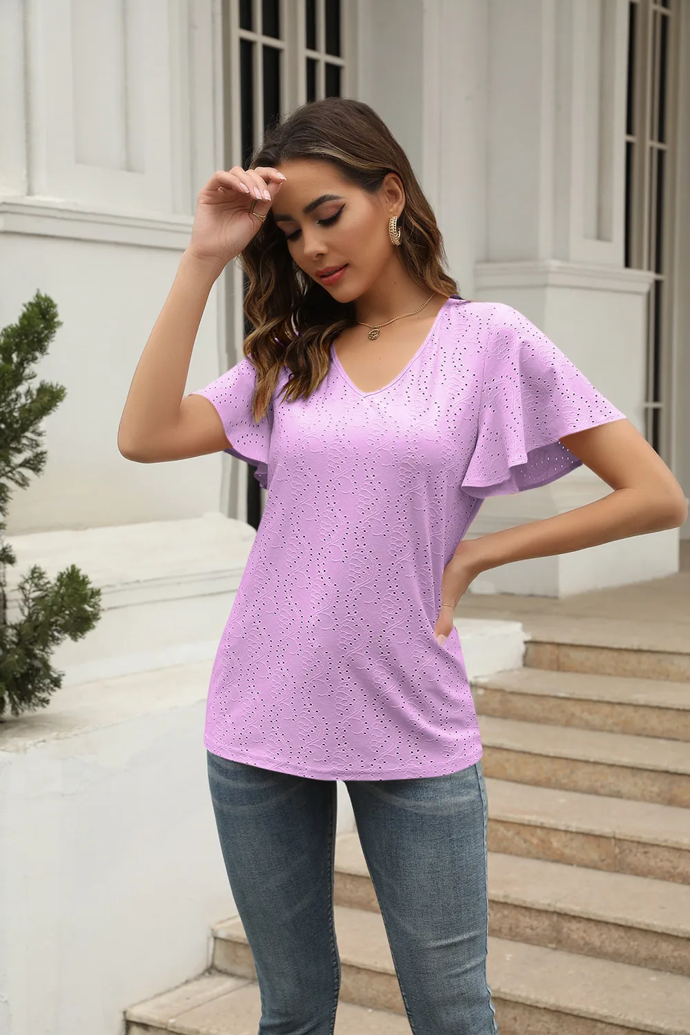 Casual Hollow Out V-neck Pleated Sleeve T-shirt Female Fashion European Style Sweet Comely Short-Sleeved T-shirt Polyester Fabric display picture 18