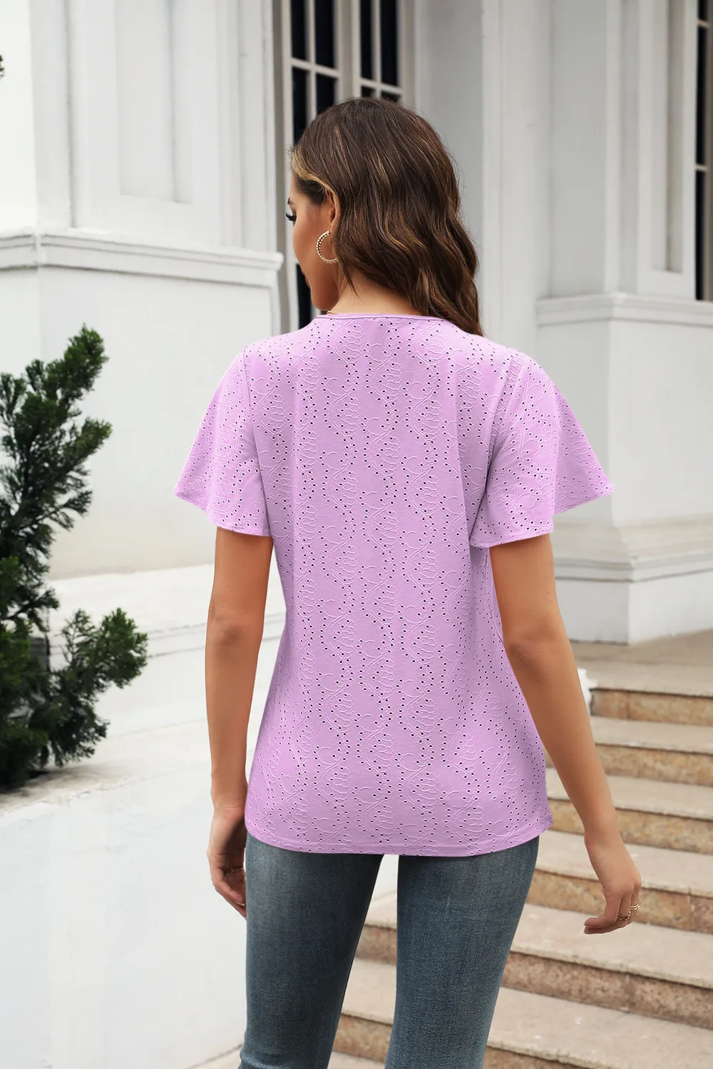 Casual Hollow Out V-neck Pleated Sleeve T-shirt Female Fashion European Style Sweet Comely Short-Sleeved T-shirt Polyester Fabric display picture 21