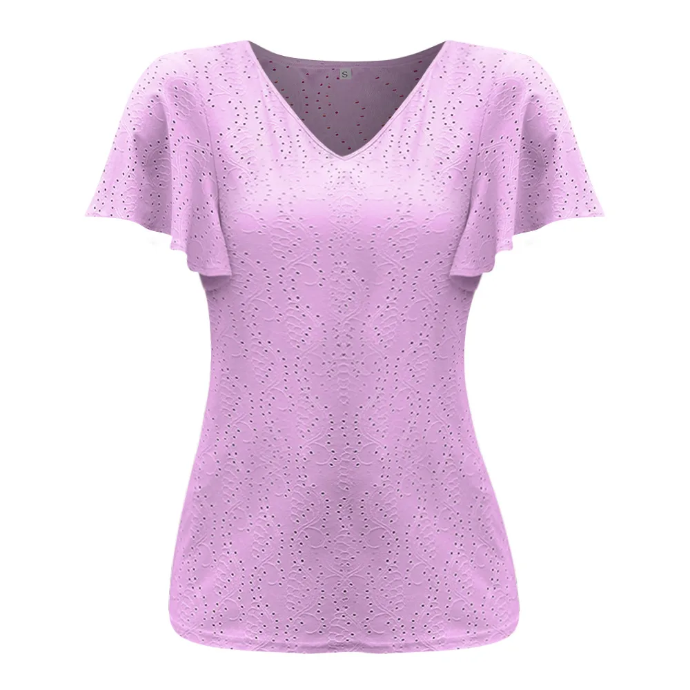 Casual Hollow Out V-neck Pleated Sleeve T-shirt Female Fashion European Style Sweet Comely Short-Sleeved T-shirt Polyester Fabric display picture 27