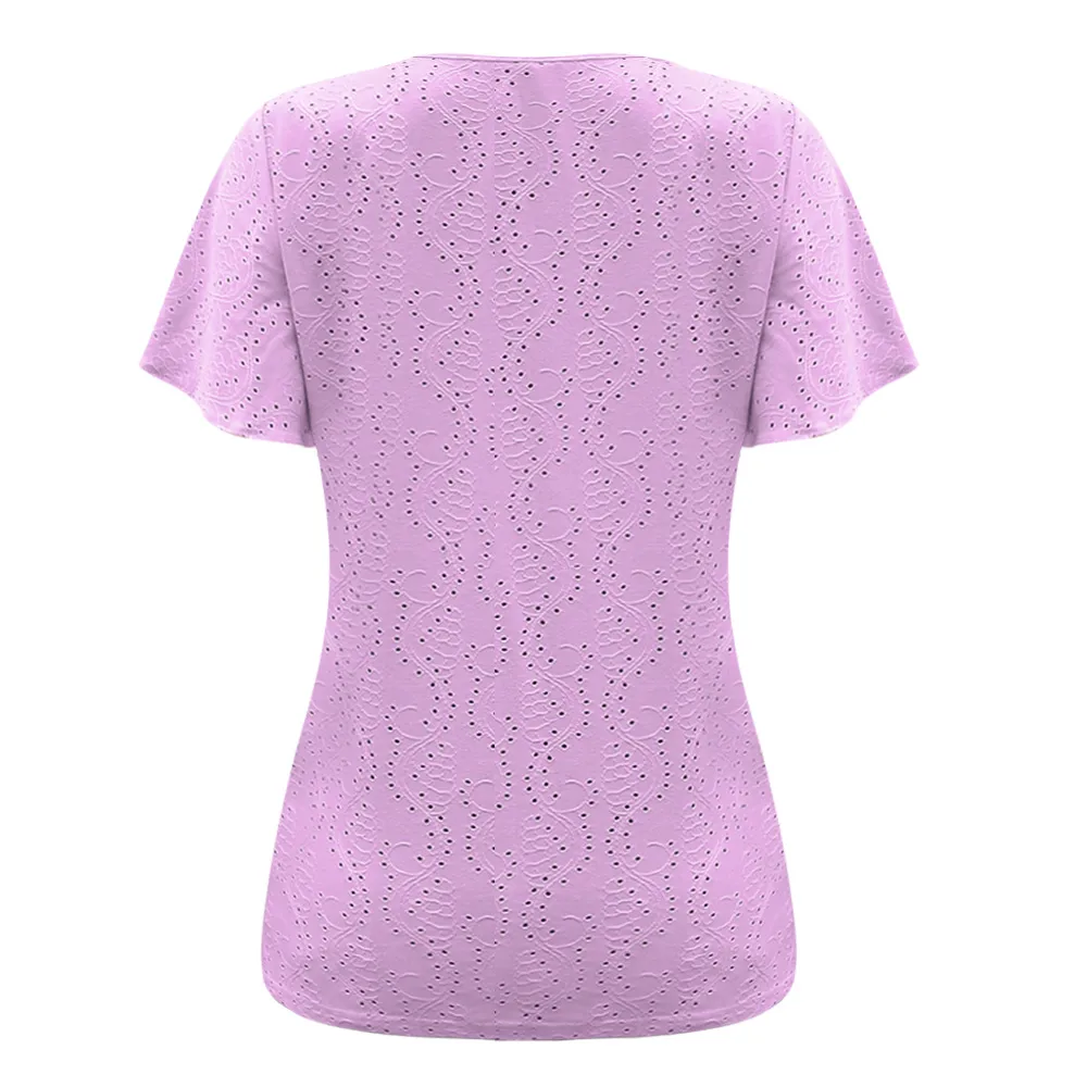 Casual Hollow Out V-neck Pleated Sleeve T-shirt Female Fashion European Style Sweet Comely Short-Sleeved T-shirt Polyester Fabric display picture 28