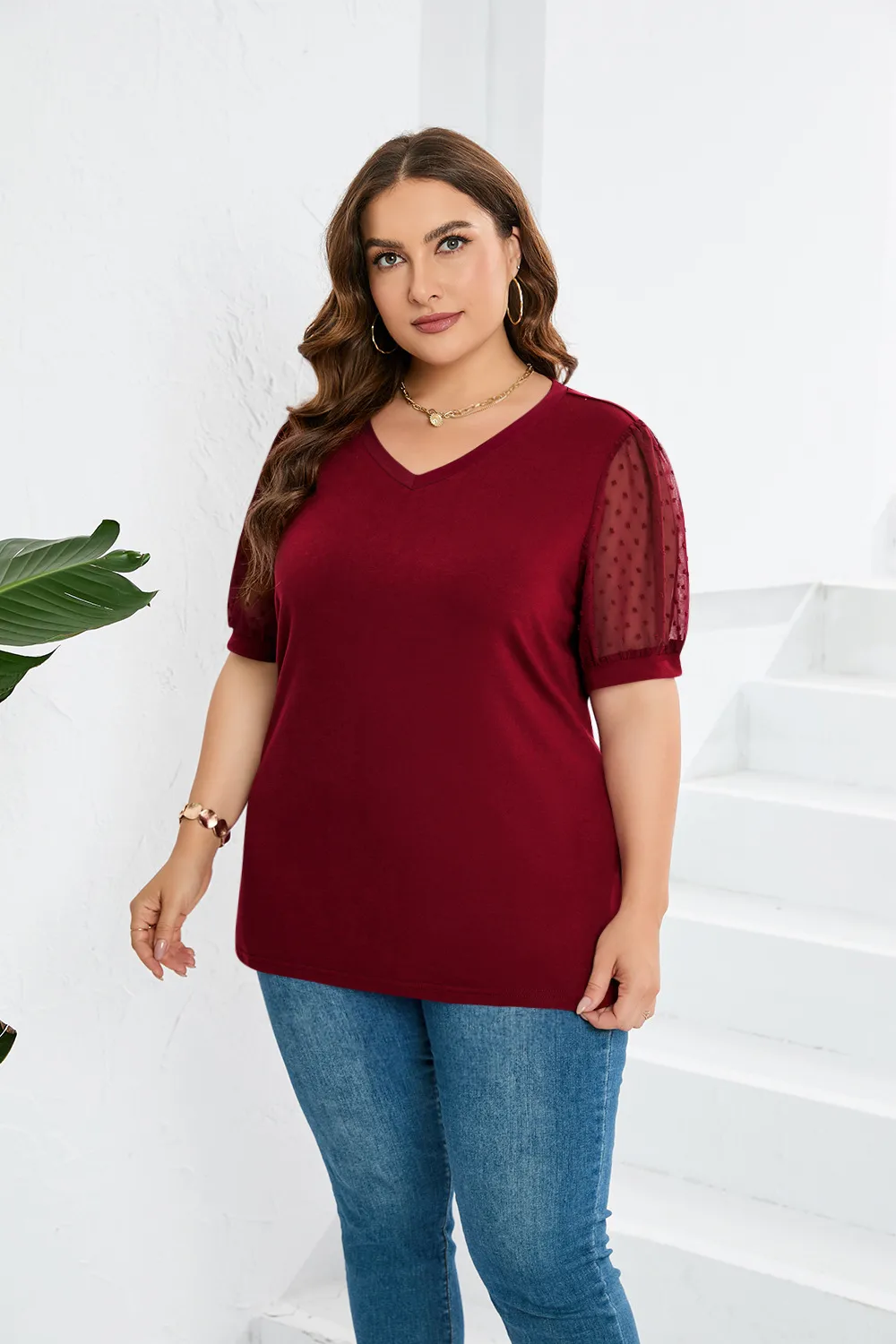 Fashion Style Women's T-shirt Pure Color Mesh Short Sleeve V-neck Puff Sleeve Mid-Length Cotton Street Fashion Tops display picture 7