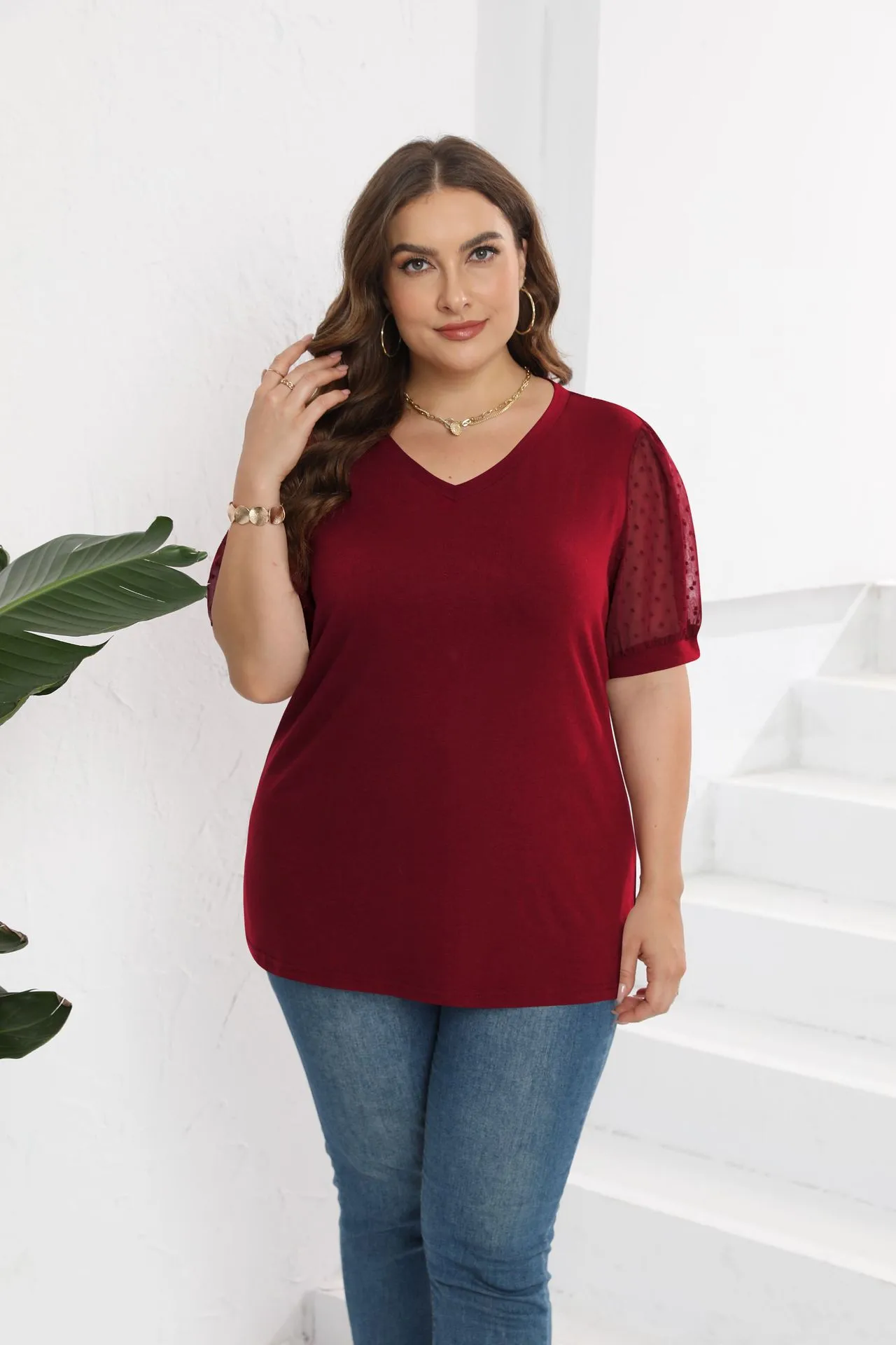 Fashion Style Women's T-shirt Pure Color Mesh Short Sleeve V-neck Puff Sleeve Mid-Length Cotton Street Fashion Tops display picture 10