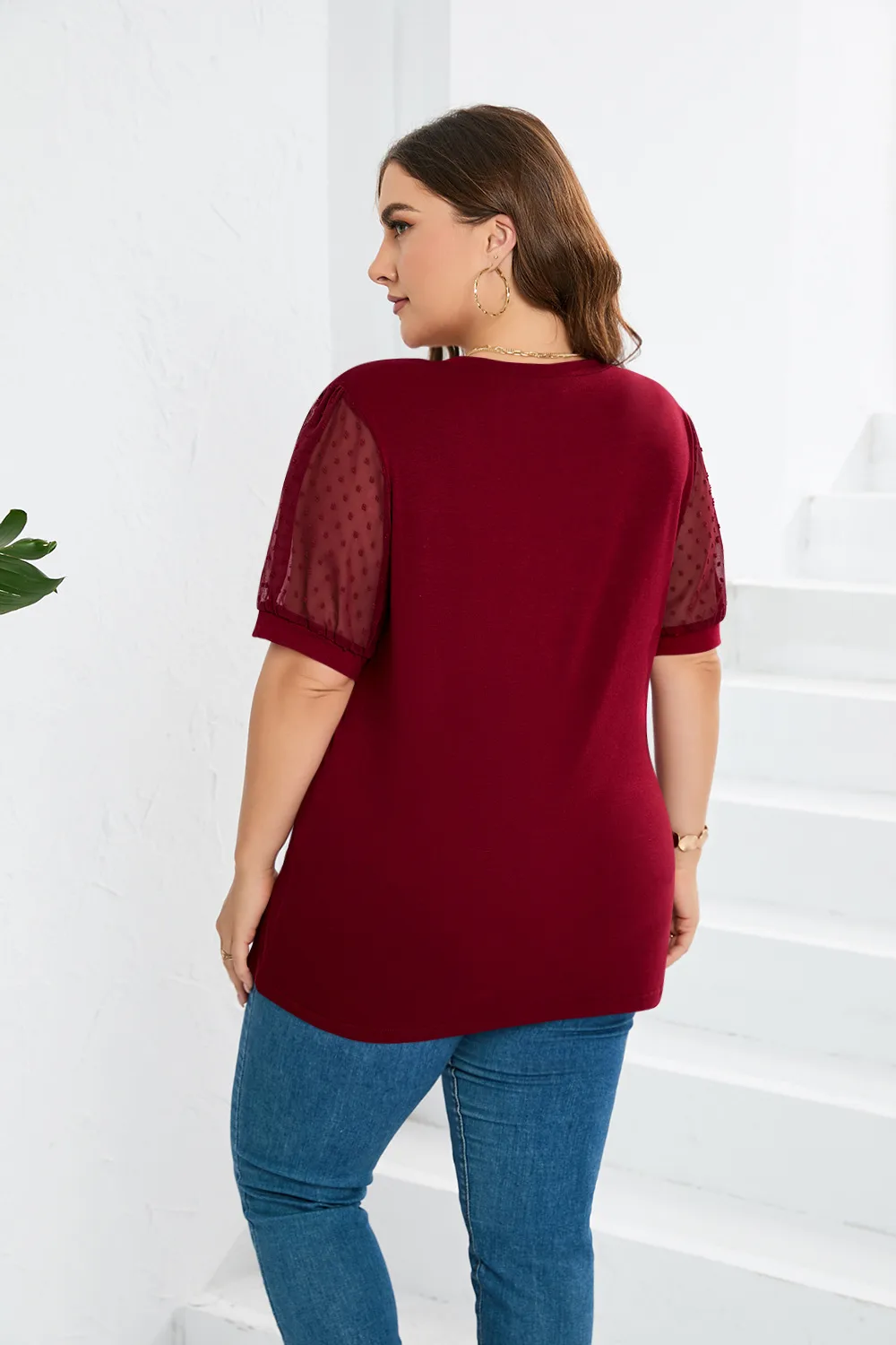 Fashion Style Women's T-shirt Pure Color Mesh Short Sleeve V-neck Puff Sleeve Mid-Length Cotton Street Fashion Tops display picture 11