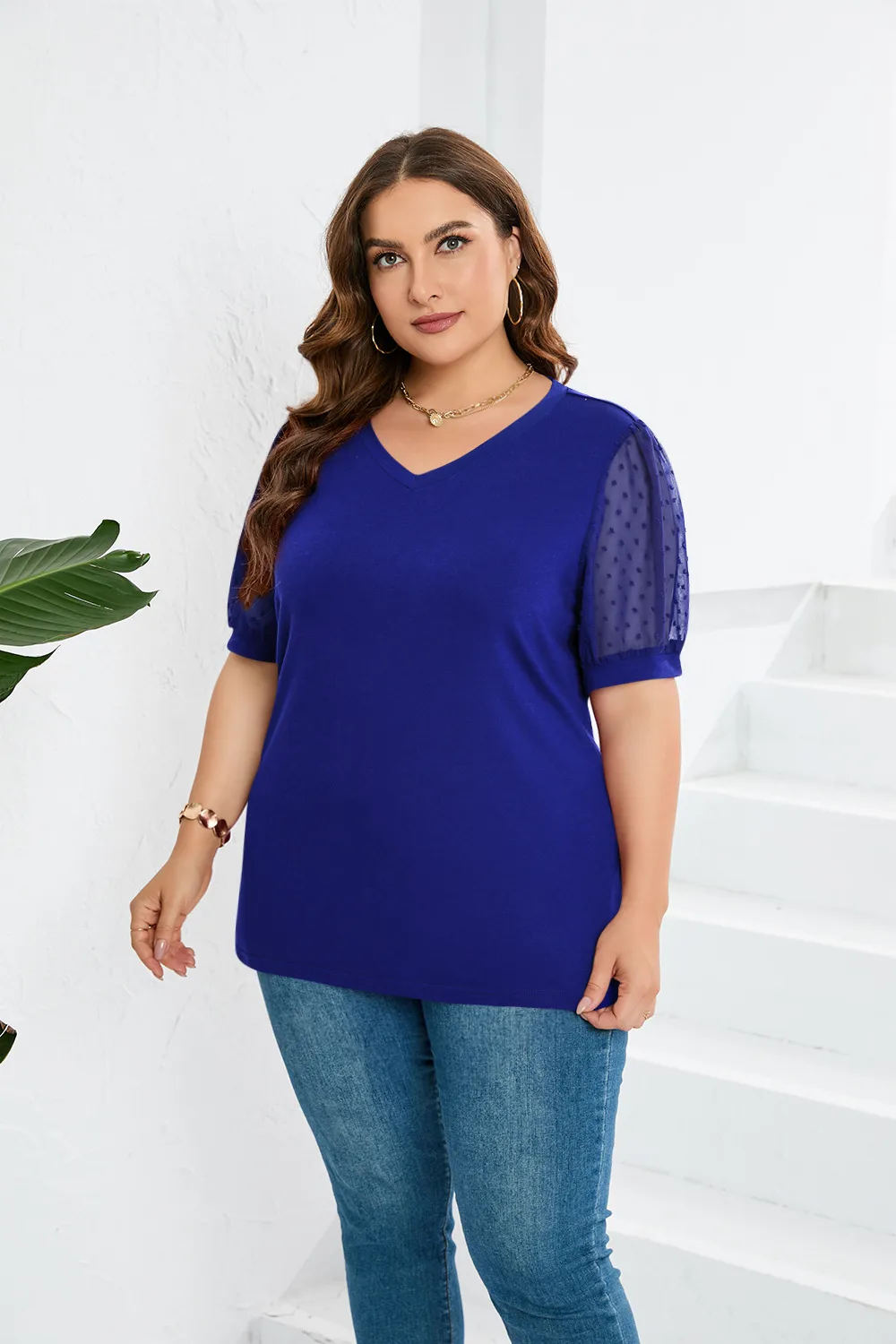 Fashion Style Women's T-shirt Pure Color Mesh Short Sleeve V-neck Puff Sleeve Mid-Length Cotton Street Fashion Tops display picture 17