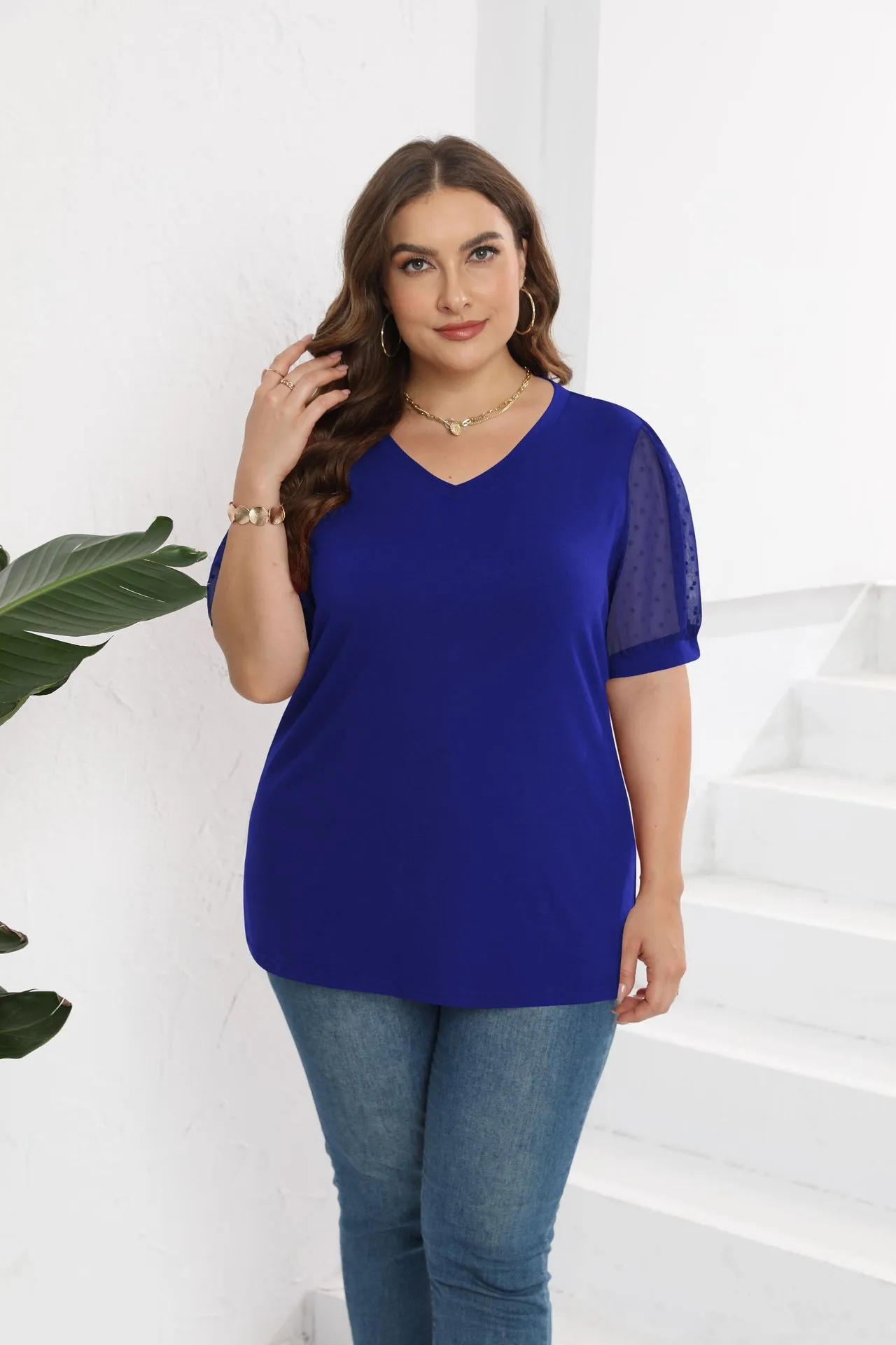 Fashion Style Women's T-shirt Pure Color Mesh Short Sleeve V-neck Puff Sleeve Mid-Length Cotton Street Fashion Tops display picture 19