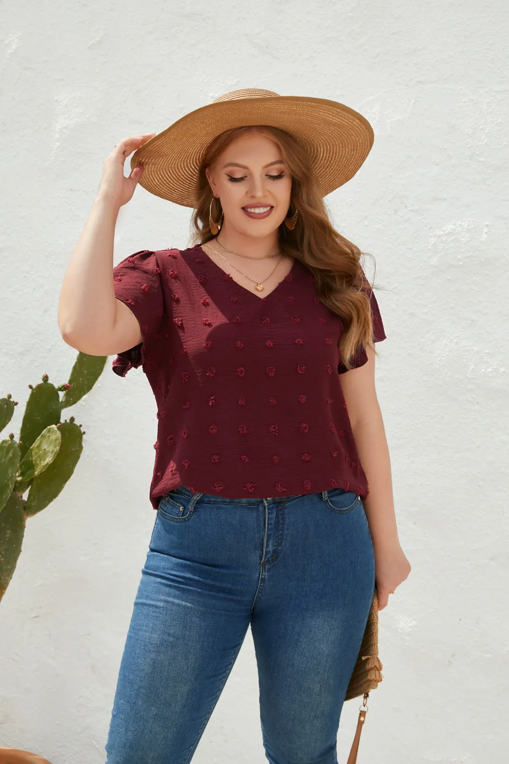 Casual Loose-Fitting T-shirt Spring/Summer Plus Size Women's V-neck Short Sleeve Commuter Plus Size Top Ball Pattern Street Style display picture 8
