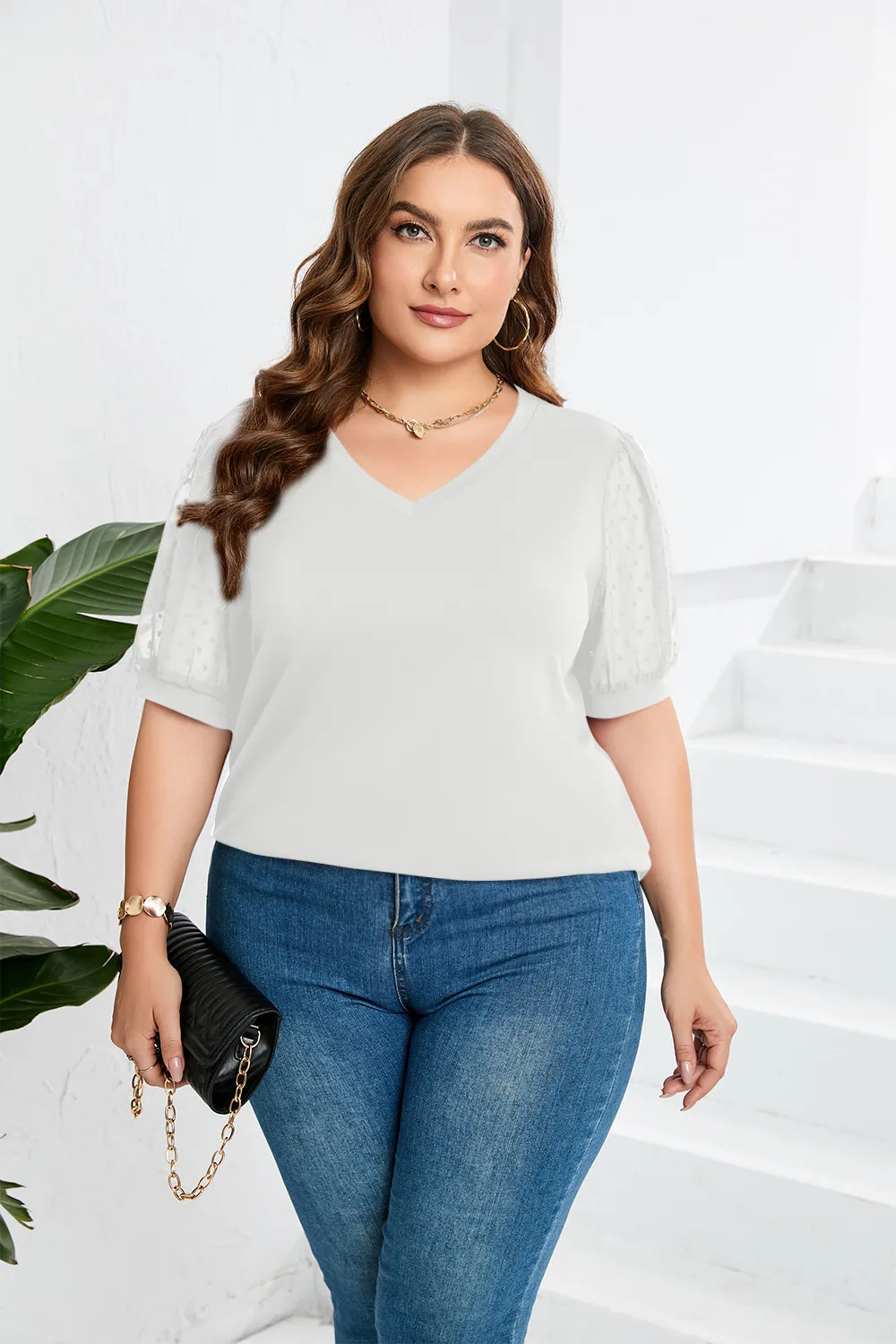 Fashion Style Women's T-shirt Pure Color Mesh Short Sleeve V-neck Puff Sleeve Mid-Length Cotton Street Fashion Tops display picture 22